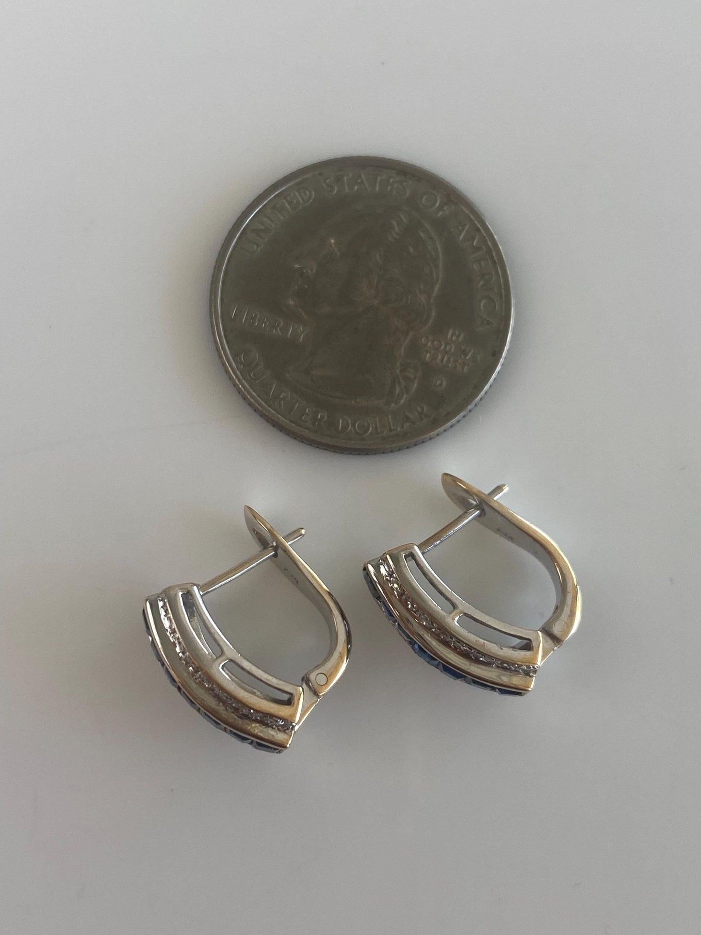 Vintage Solid 14k White Gold Diamonds Blue Sapphire Drop Earrings