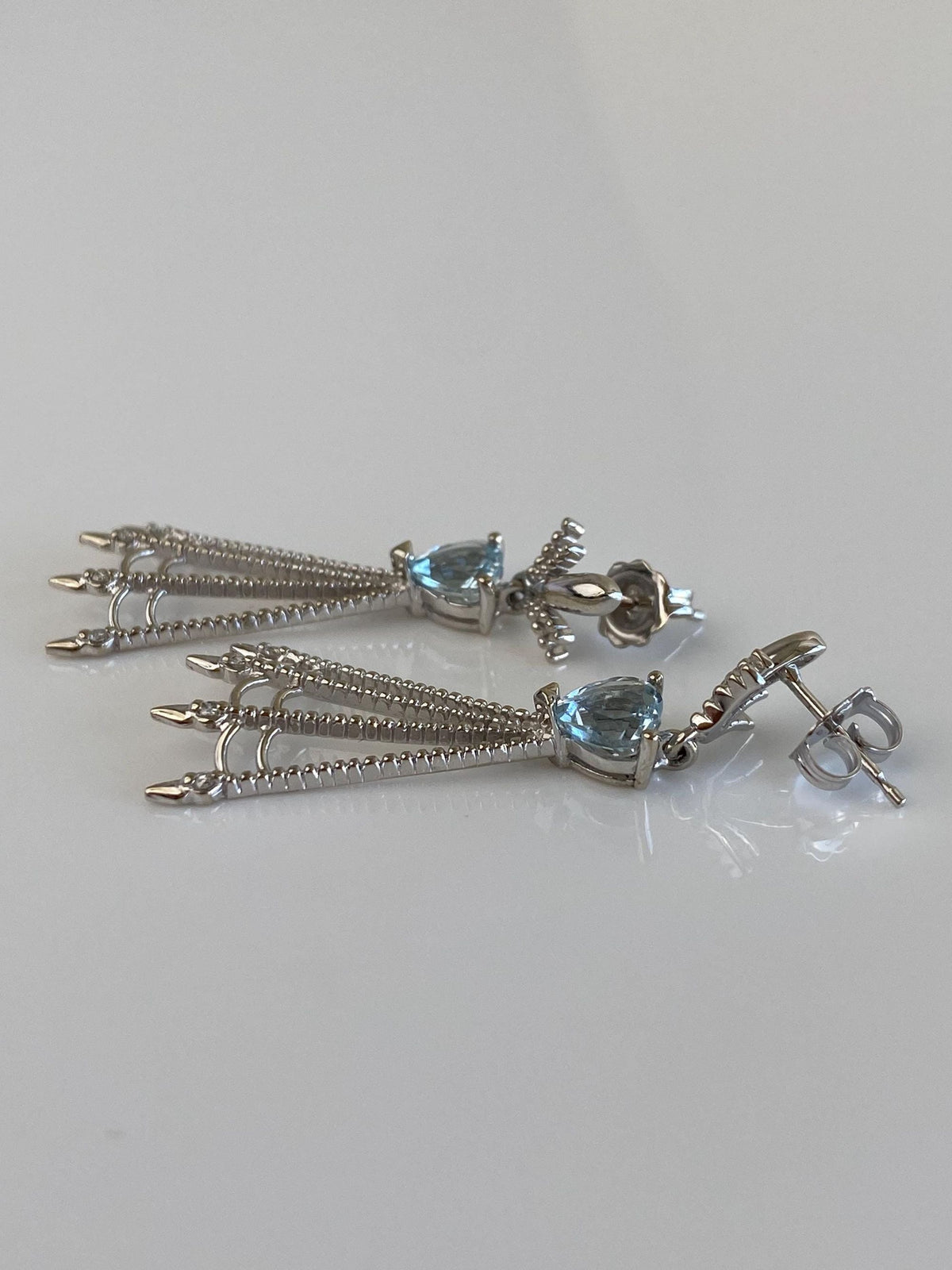 Vintage Solid 14k White Gold Diamond Aquamarine Dangle Stud Earrings