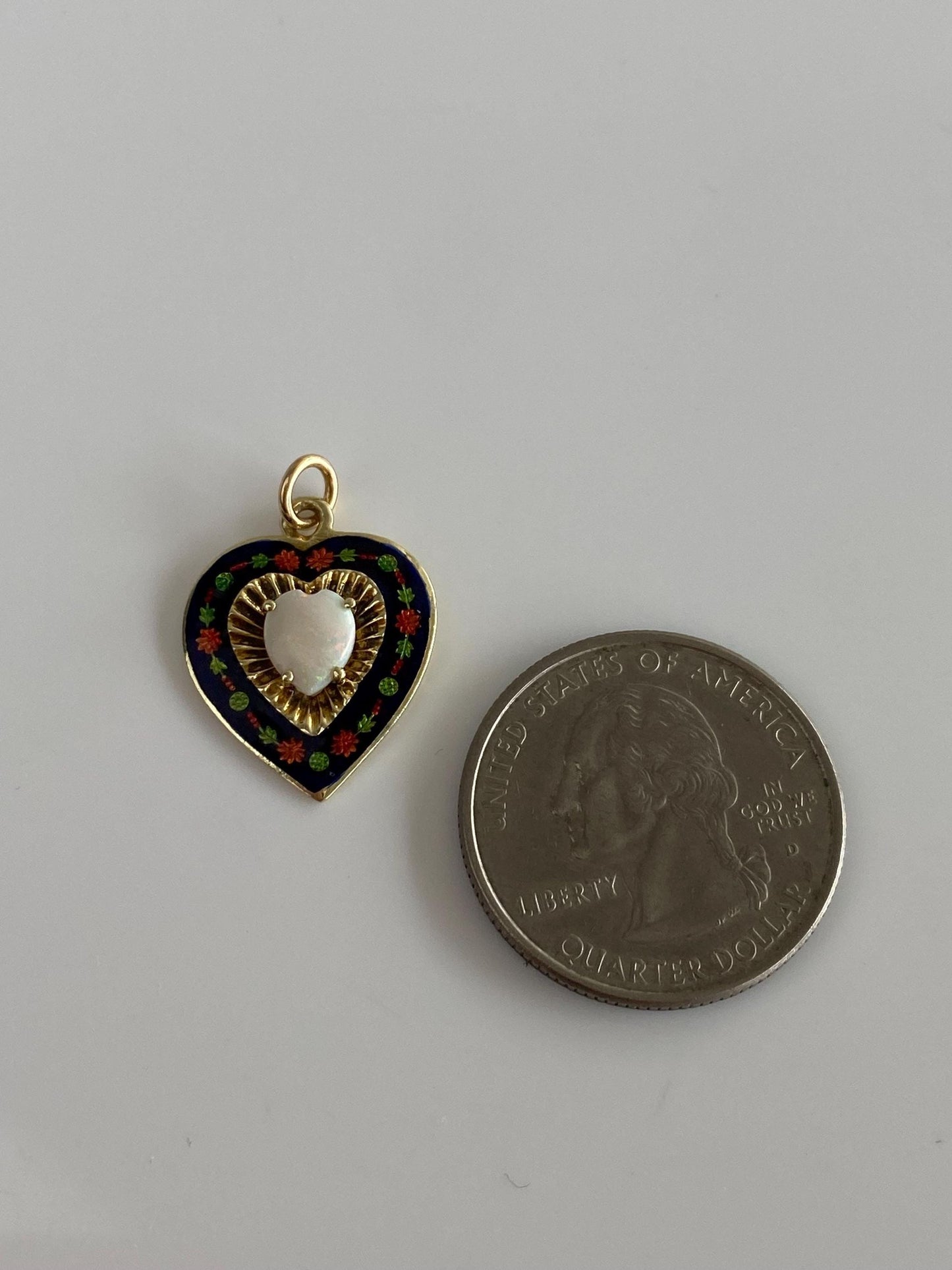 Vintage Solid 14k Yellow Gold Floral Enamel Opal Heart Charm