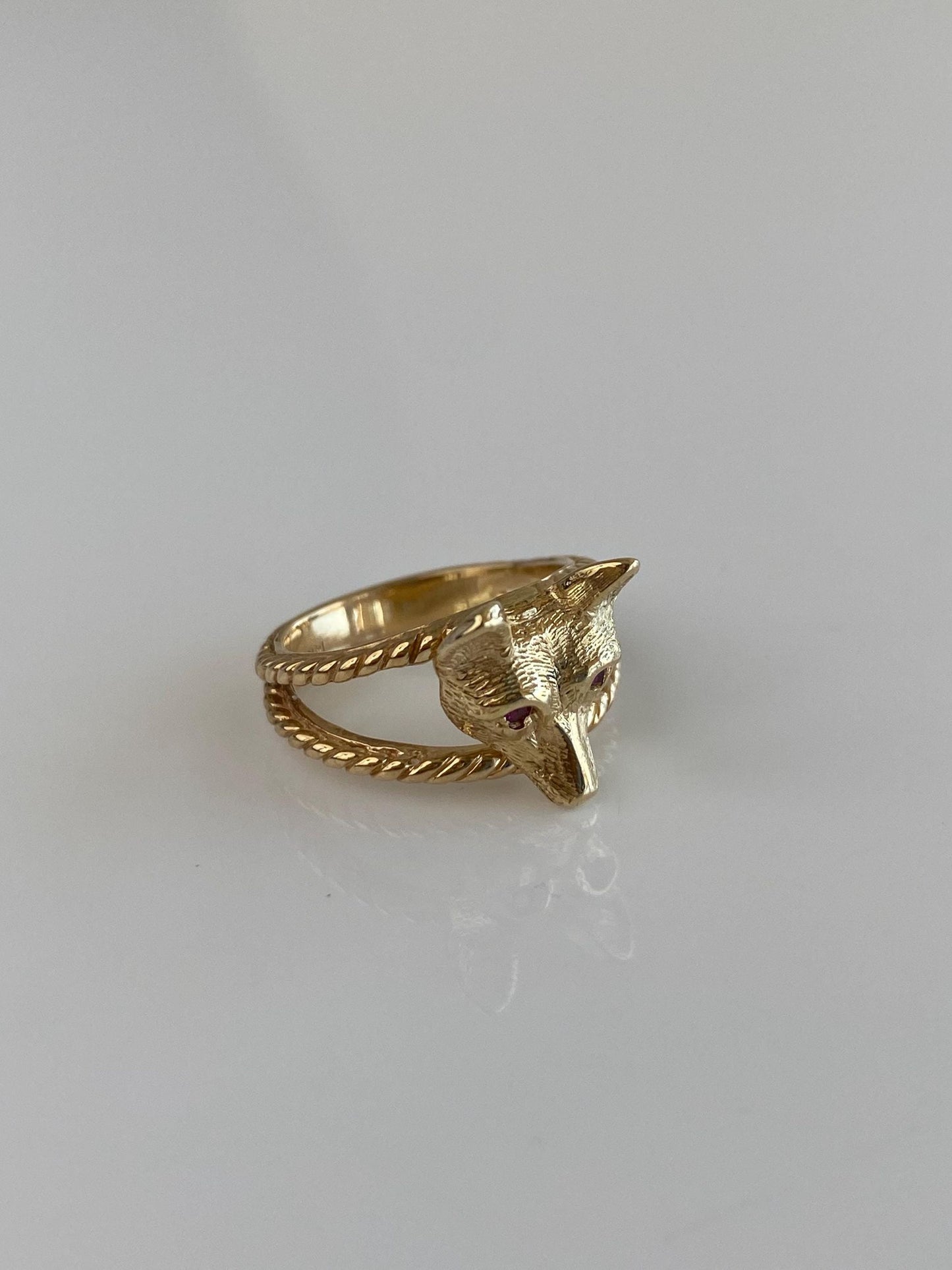 Vintage Solid 14k Yellow Gold Ruby Eyes Fox Ring - Size 3