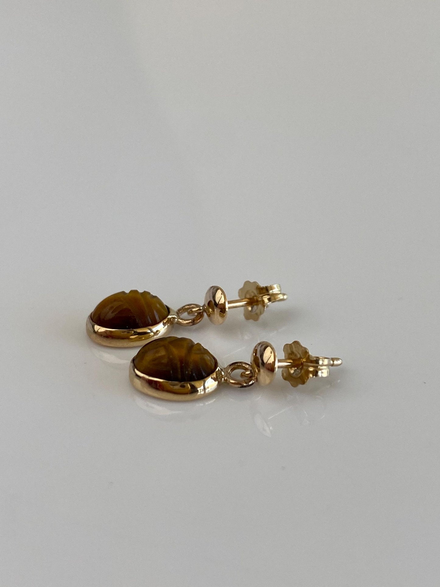Solid 14k Yellow Gold Carved Scarab Tigers Eye Dangle Stud Earrings