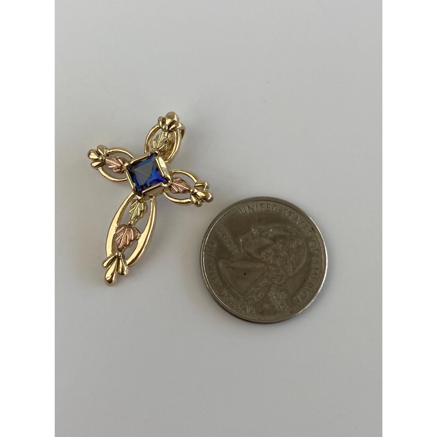 Vintage Solid 10k Rose & Yellow Gold Blue Spinel Cross Slide Charm