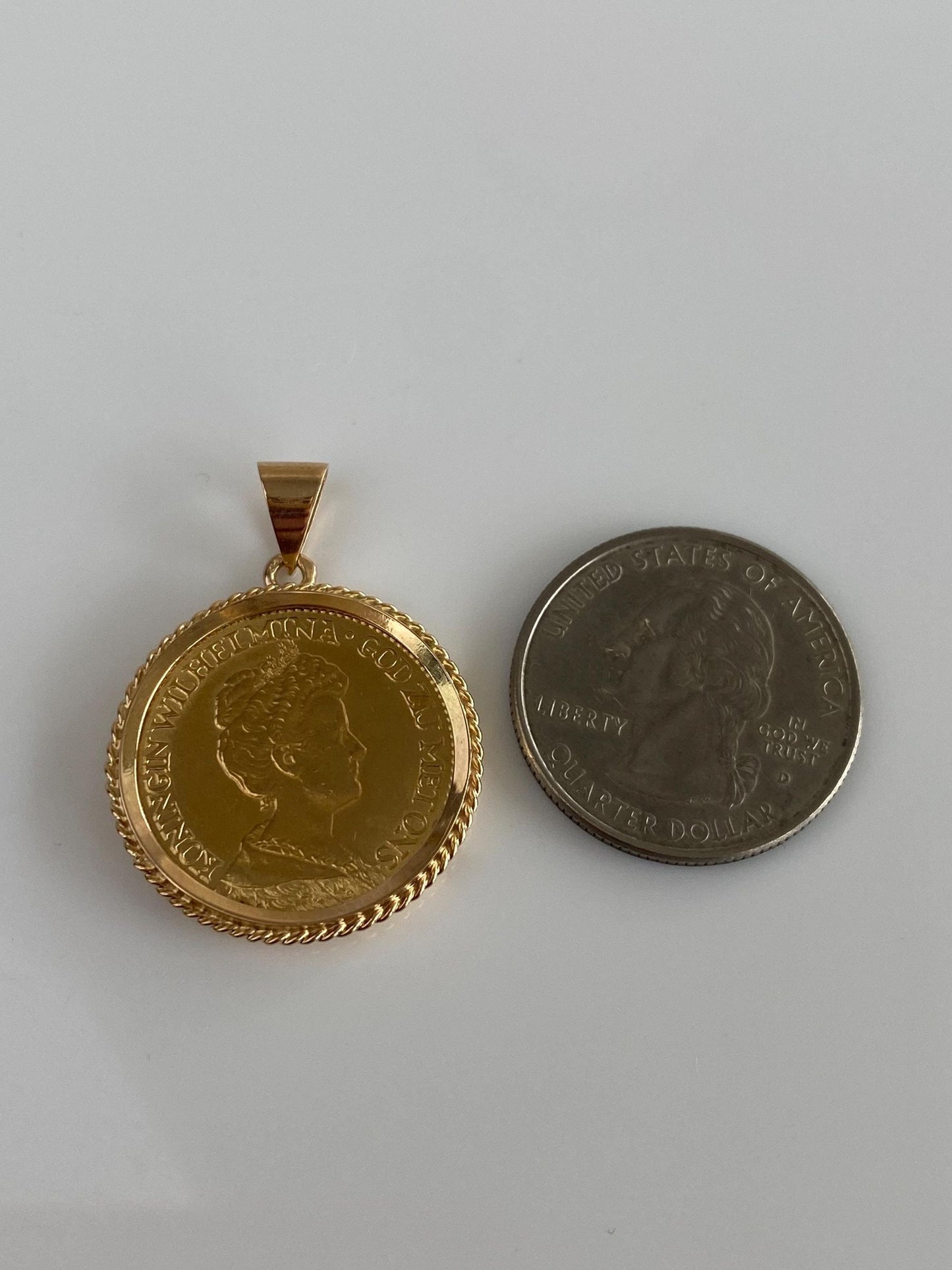 Vintage Solid 22k Yellow Gold 1917 Netherlands Gold Coin in 14k Frame Charm