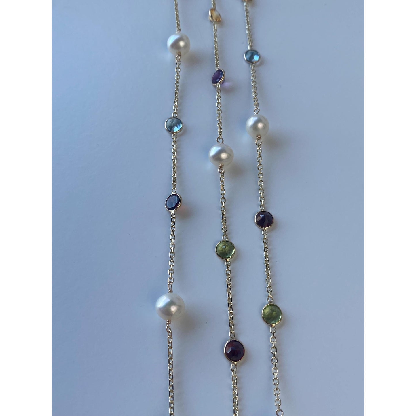 Solid 14k Yellow Gold Pearl Peridot Amethyst Citrine Topaz Biker Link Chain Necklace - 38.5 inches