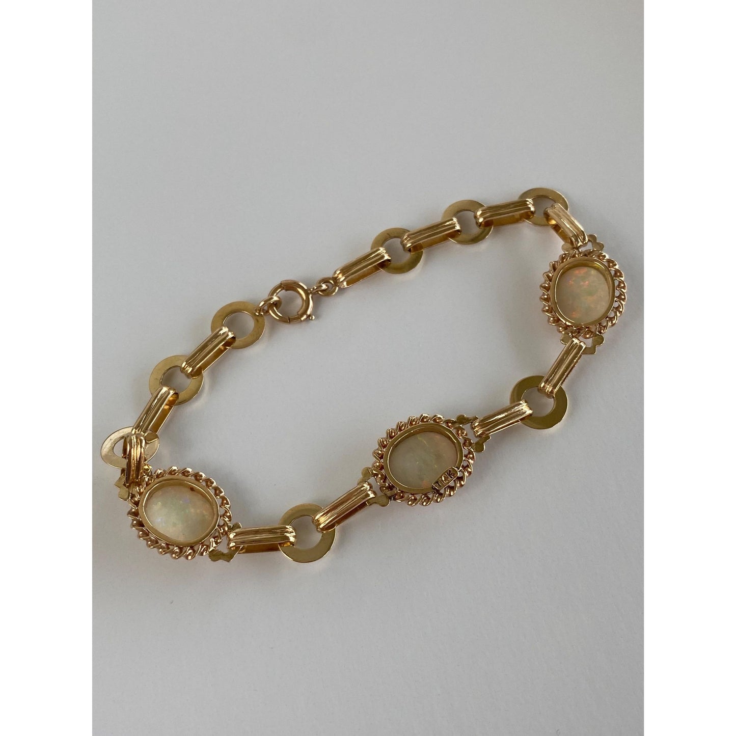 Vintage Solid 14k Yellow Gold Opal Link Bracelet - 7.25 inches