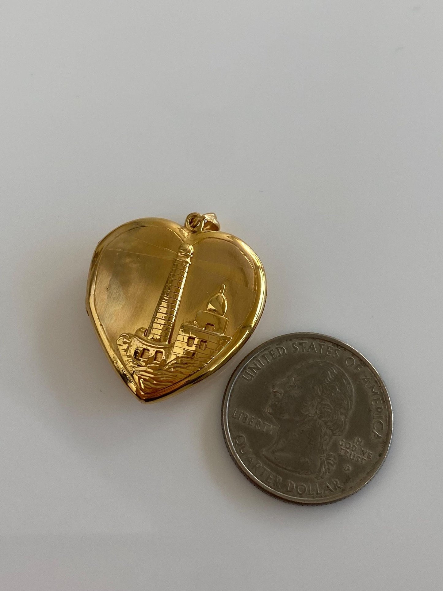 Vintage Solid 20k Yellow Gold Ship Scenic Town Heart Locket Charm