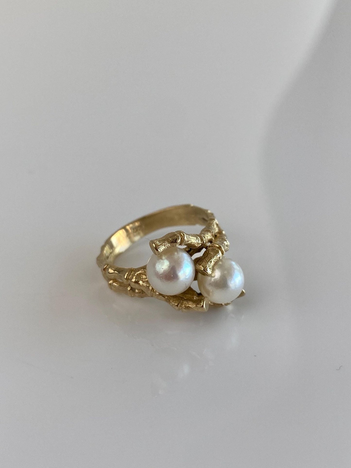 Vintage Solid 14k Yellow Gold Pearls Bamboo Ring - Size 6