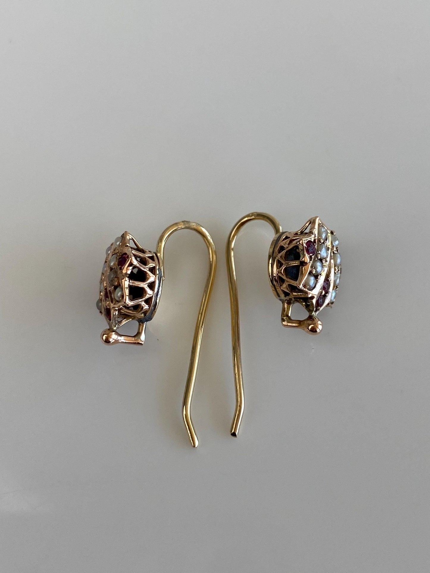Vintage Solid 10k Rosey Gold Seed Pearl Pink Cubic Zirconia Drop Earrings