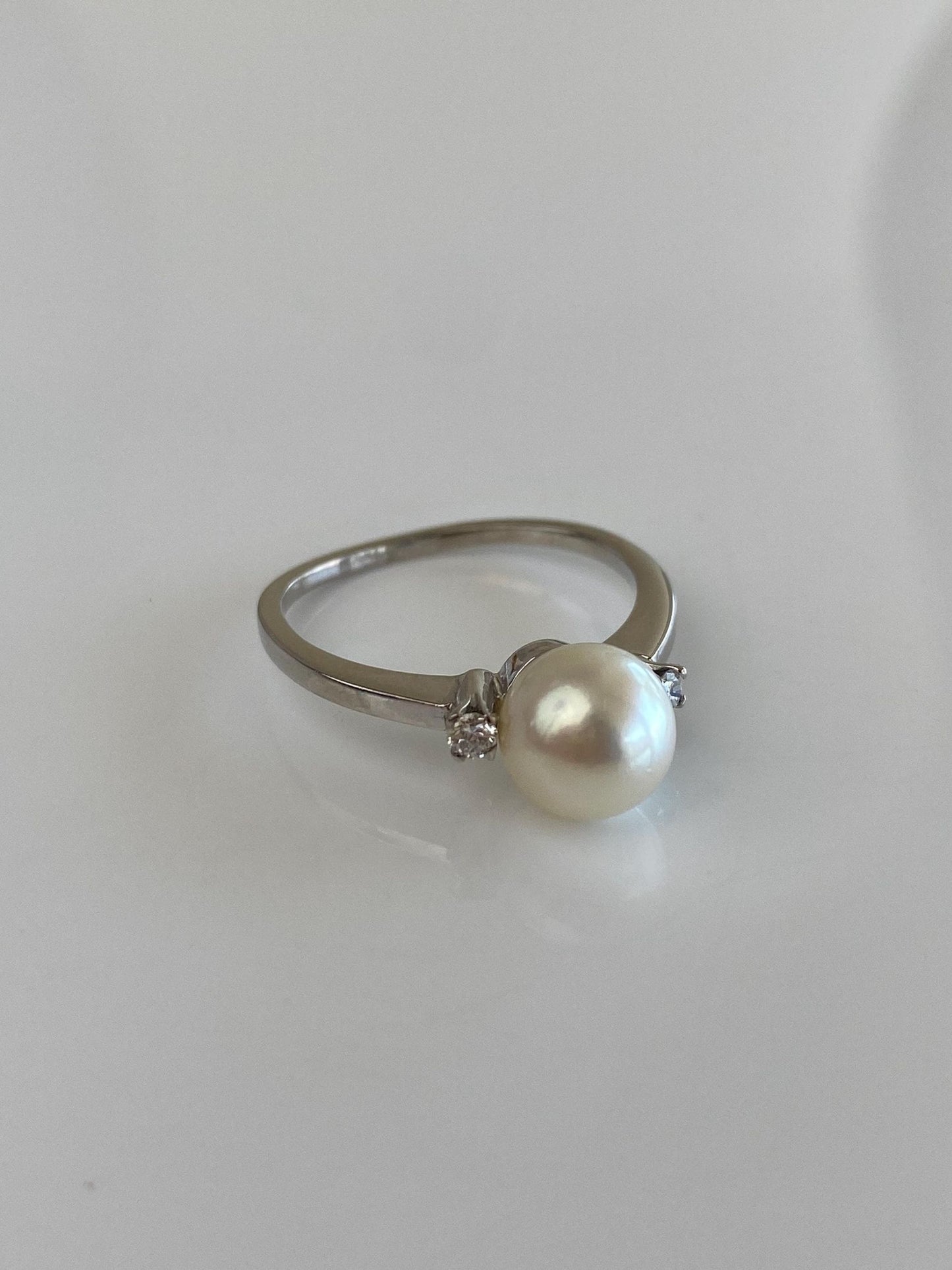 Vintage Solid Platinum Clear Sapphire Pearl Ring - Size 7