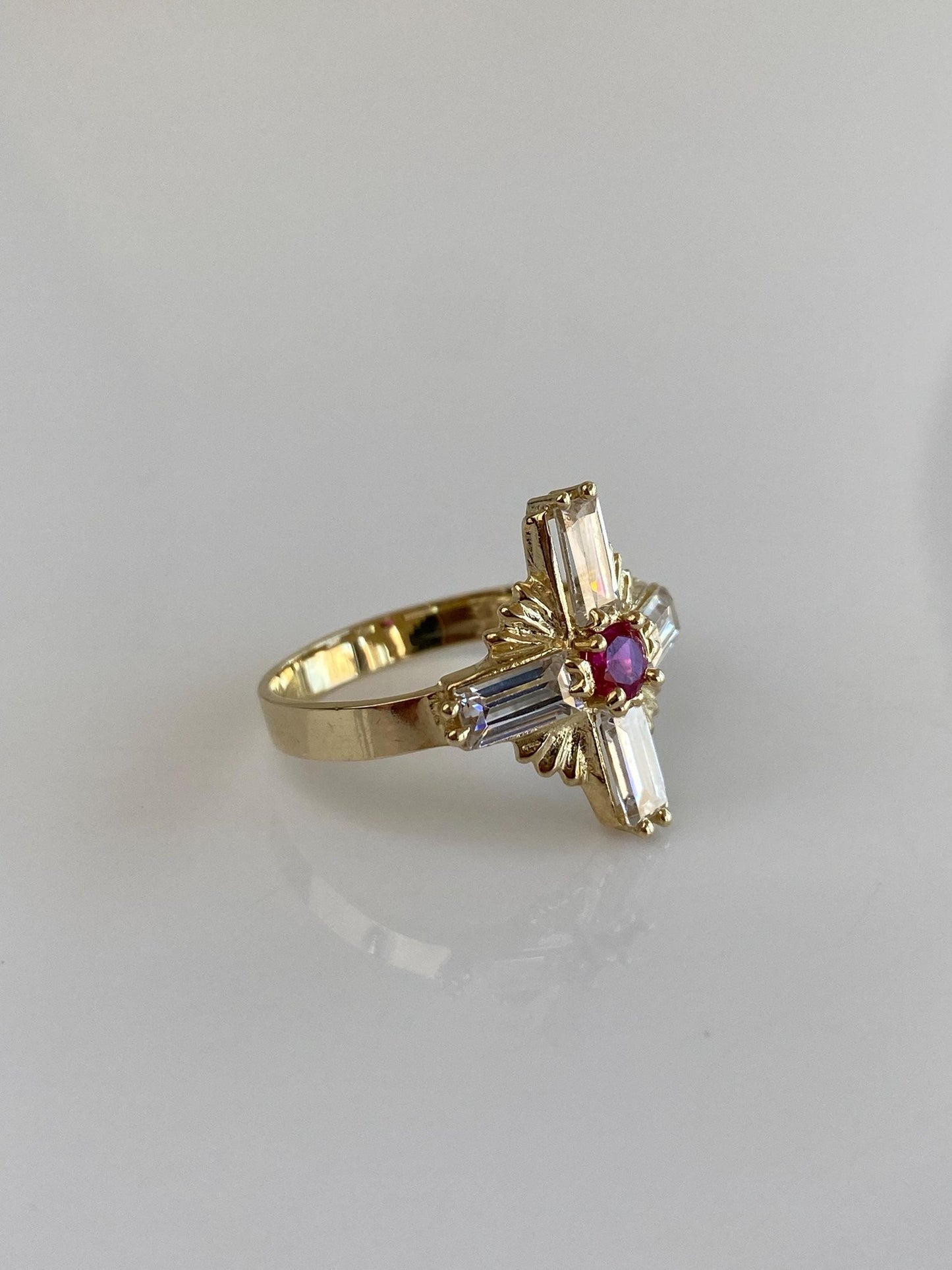 Vintage Solid 10k Yellow Gold Pink Sapphire Clear Cubic Zirconia Cross Ring - Size 7.75