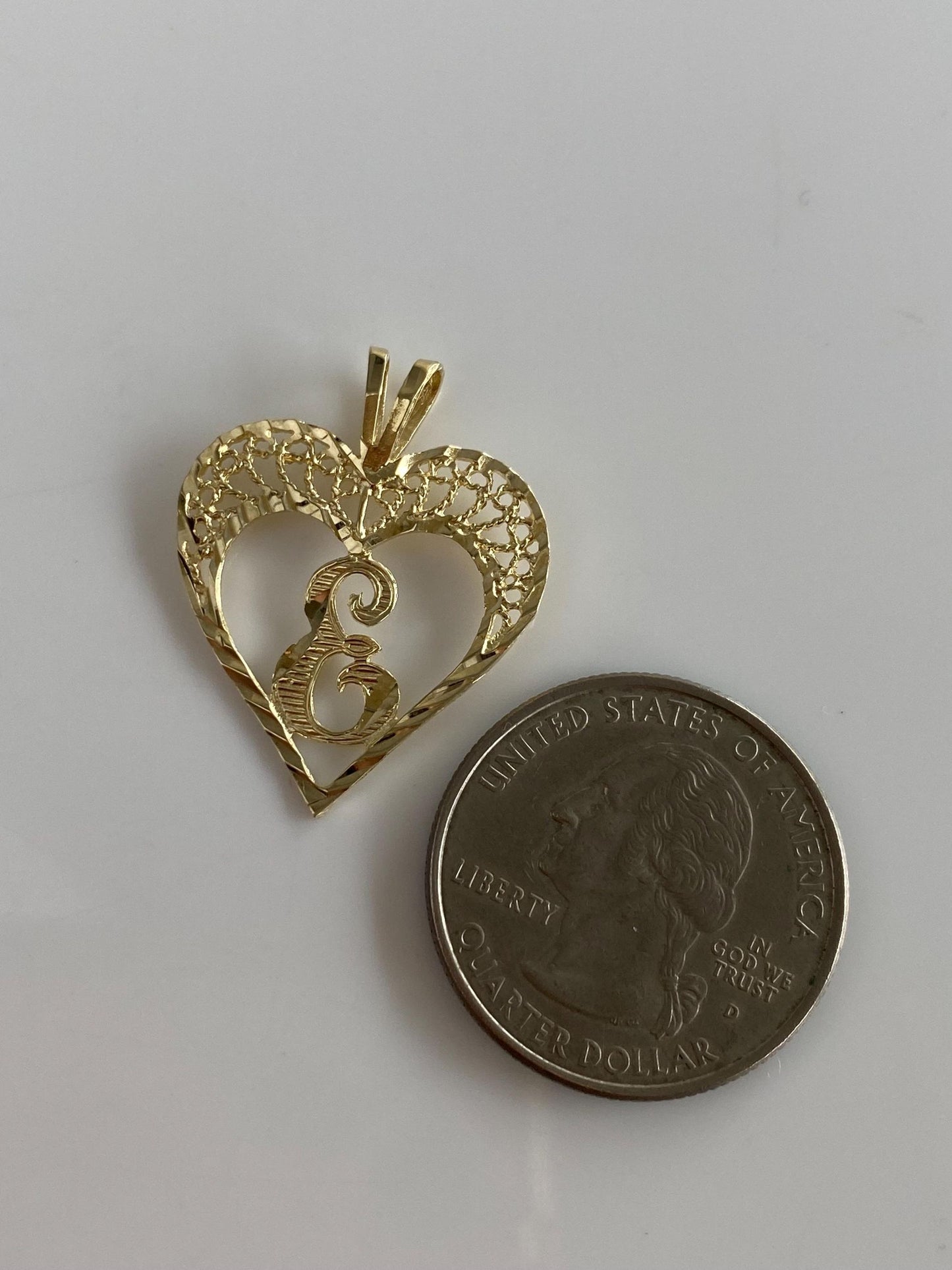 Solid 10k Yellow Gold Filigree Diamond Cut Initial 'E' Heart Charm