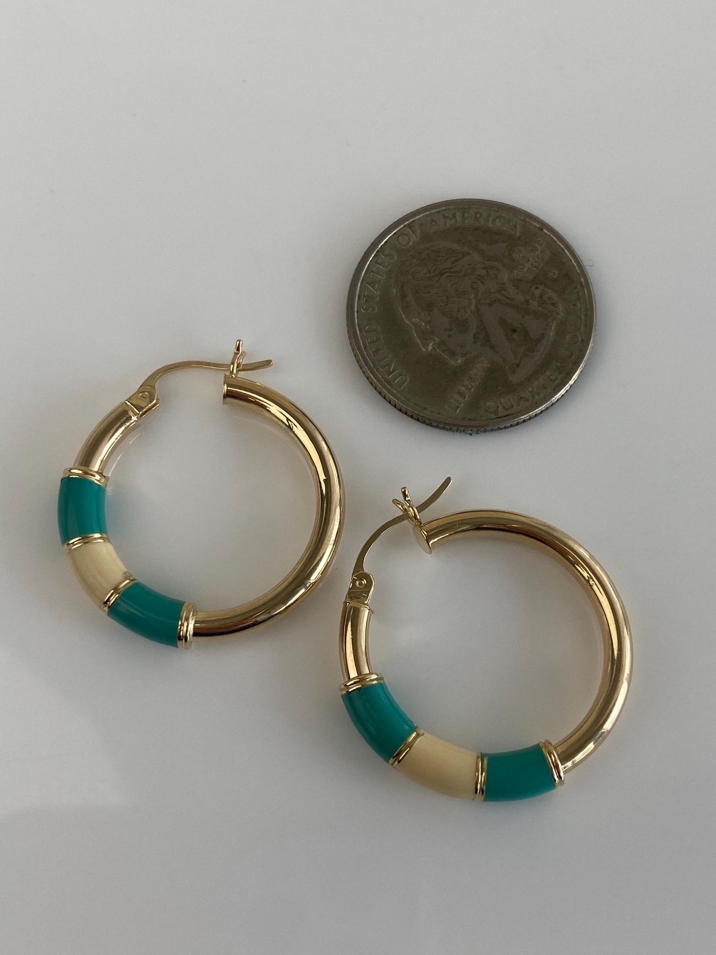 Vintage 14k Yellow Gold Teal White Enamel Hoop Earrings