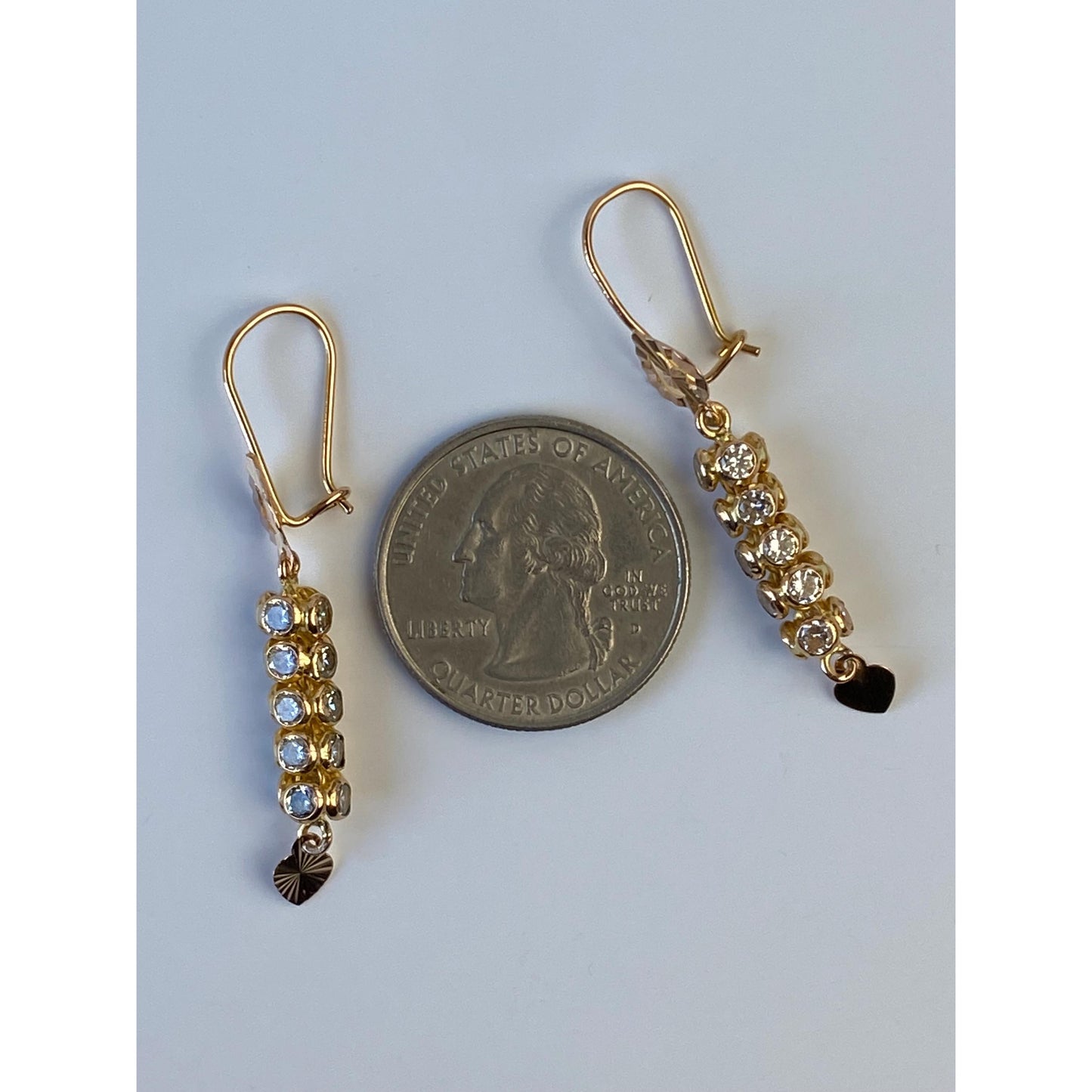 Solid 18k Yellow Gold Cubic Zirconia Bead Diamond Cut Heart Dangle Earrings