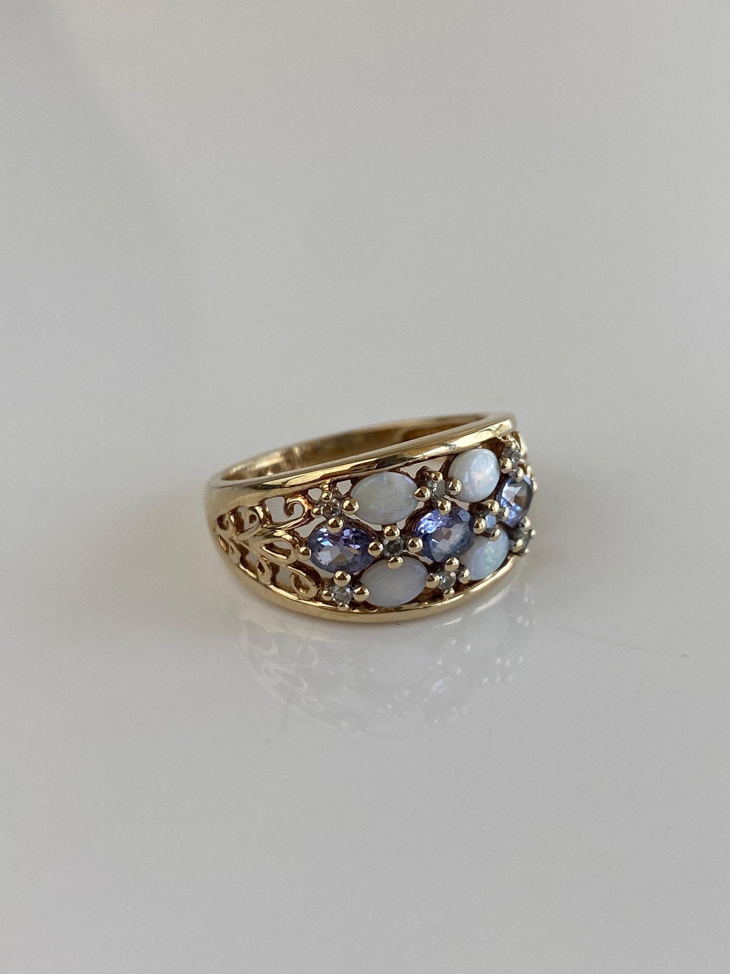 Solid 10k Yellow Gold Tanzanite Diamond Opal Open Work Ring Band - Size 6.5