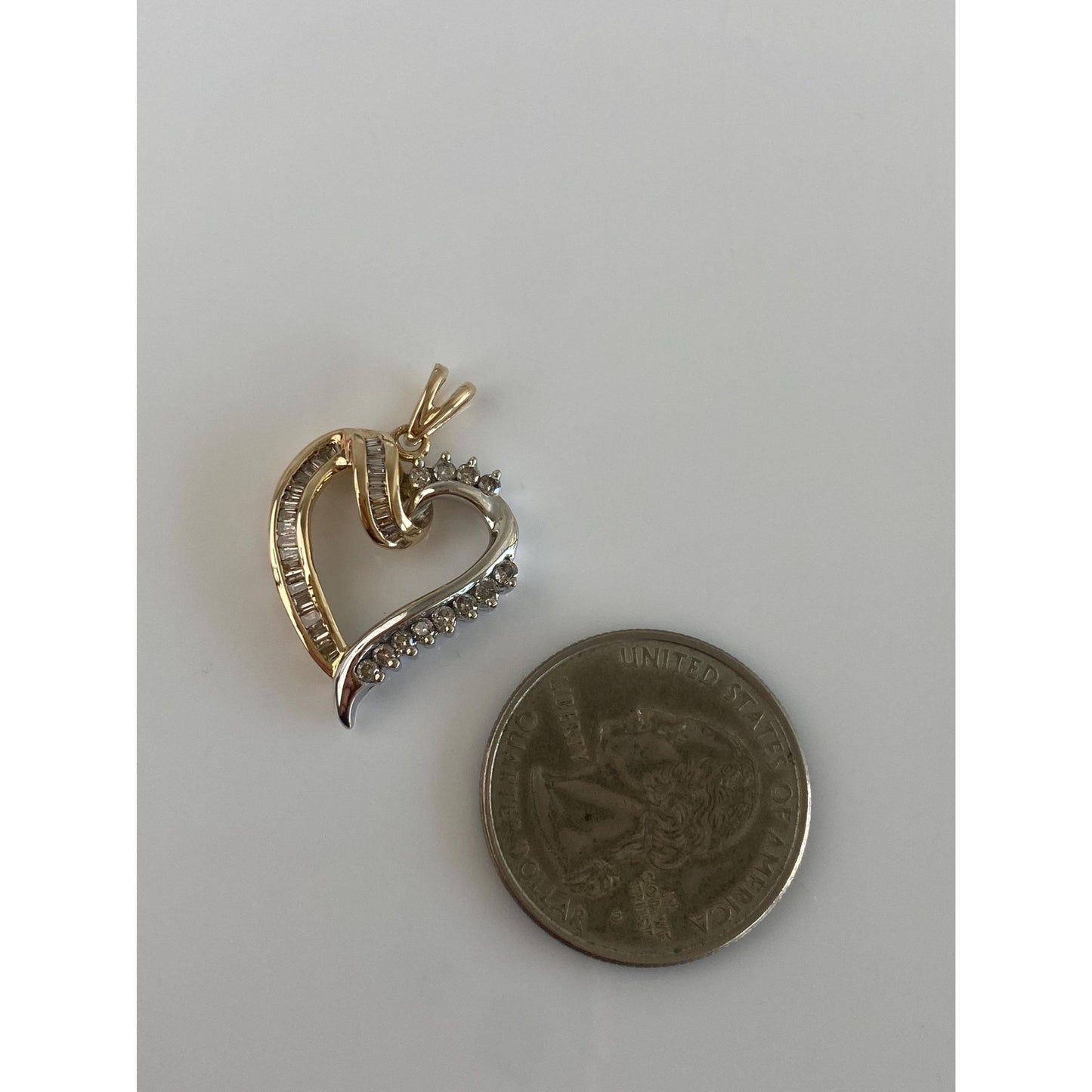 Vintage Solid 10k White & Yellow Gold Baguette and Round Diamond Heart Charm