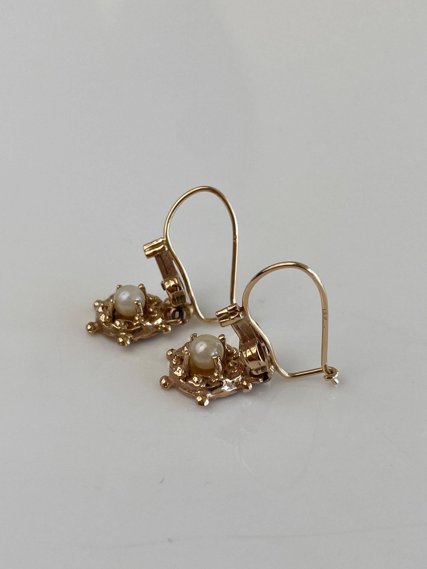 Vintage Solid 14k Yellow Gold Ornate Pearl Dangle Earrings