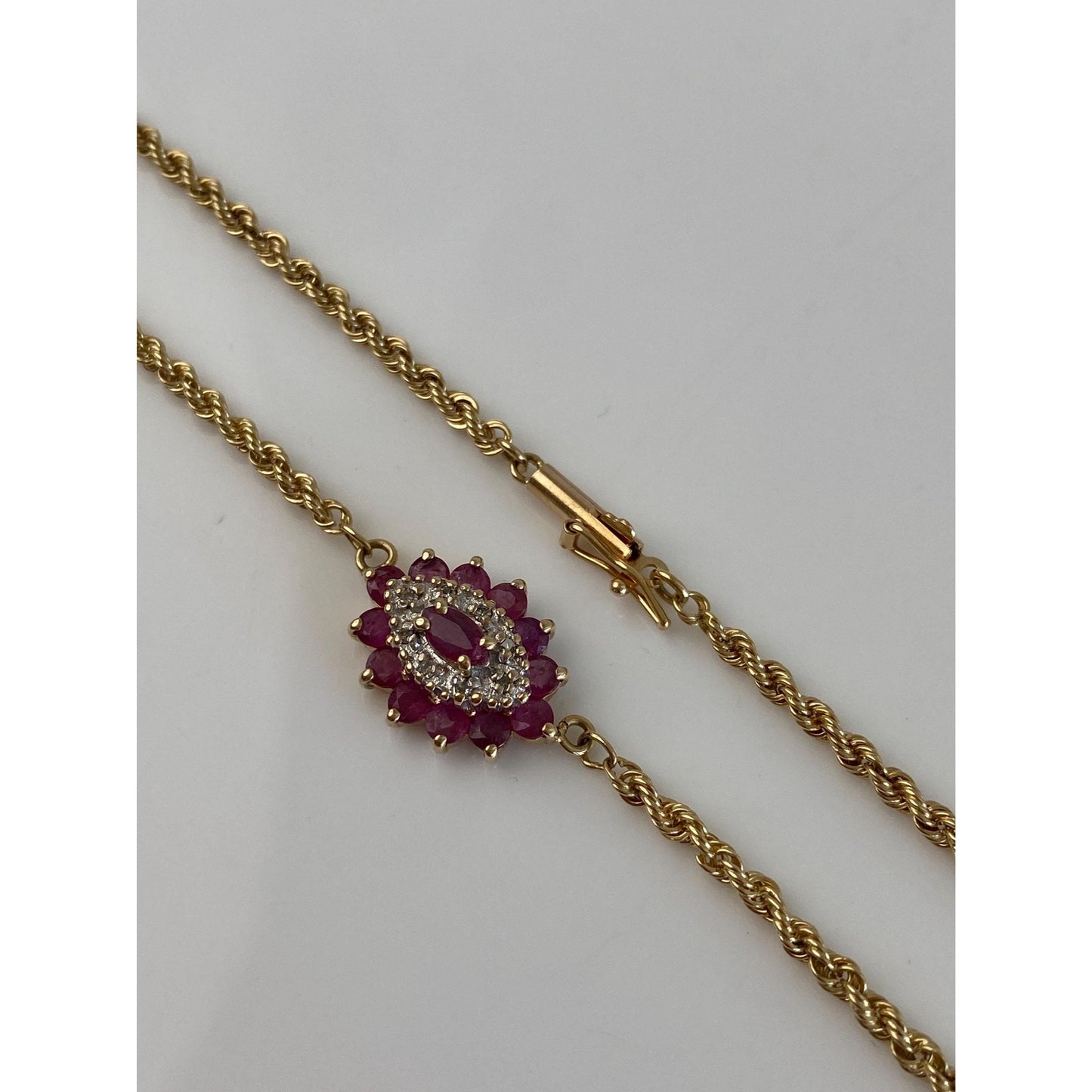 Solid 14k Yellow Gold Diamond Ruby Eye Rope Chain Necklace - 25 inches