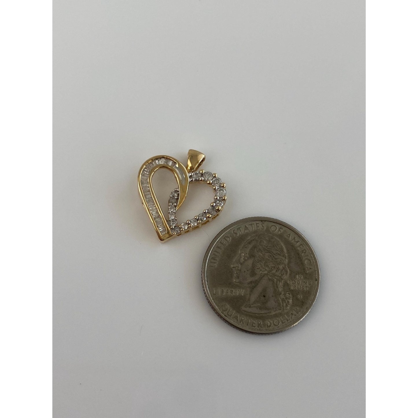 Solid 14k Yellow Gold Round & Baguette Diamond Heart Charm