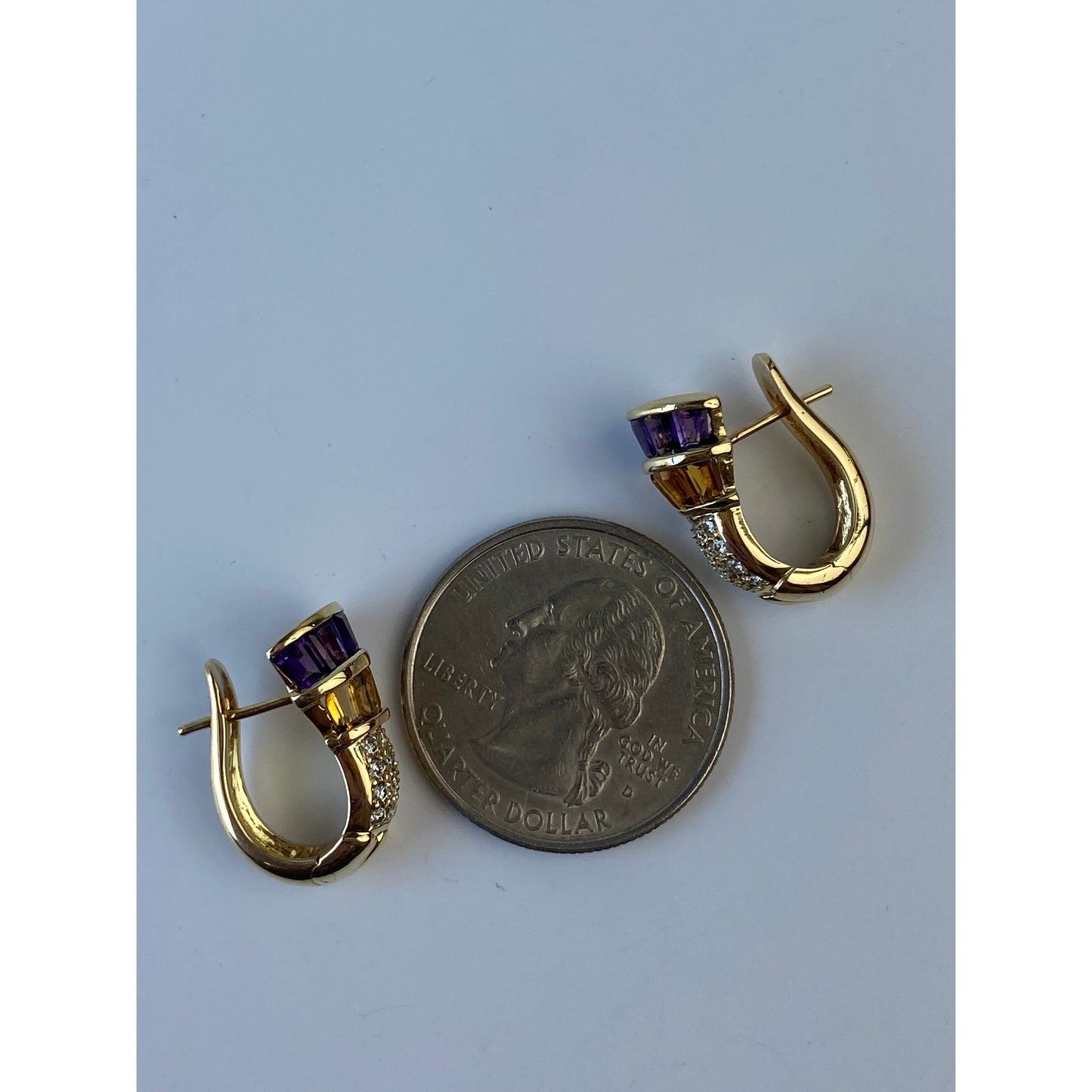 Solid 14k Yellow Gold Citrine Amethyst Clear Sapphire Drop Stud Earrings