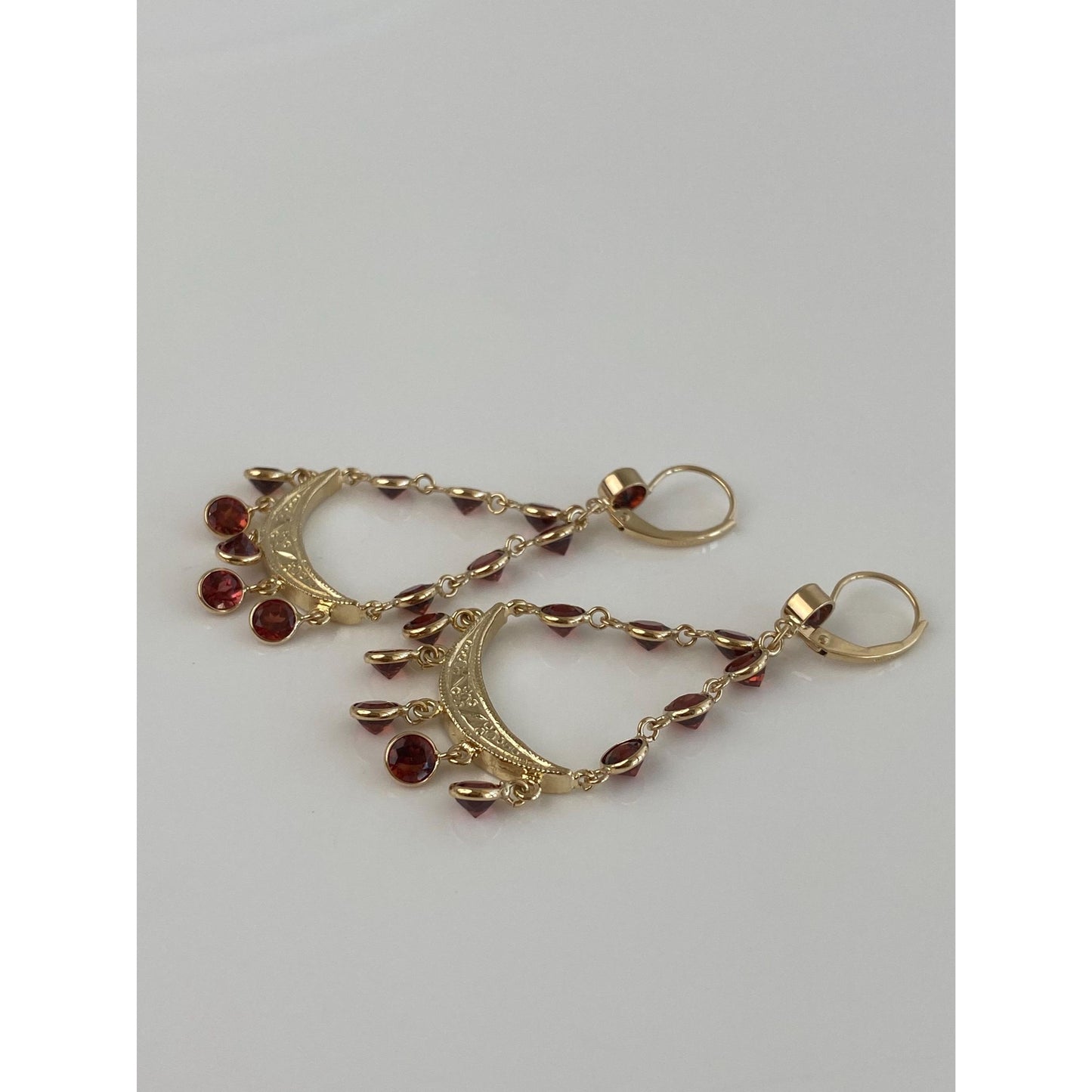 Vintage Solid 14k Yellow Gold Garnet Chandelier Dangle Earrings