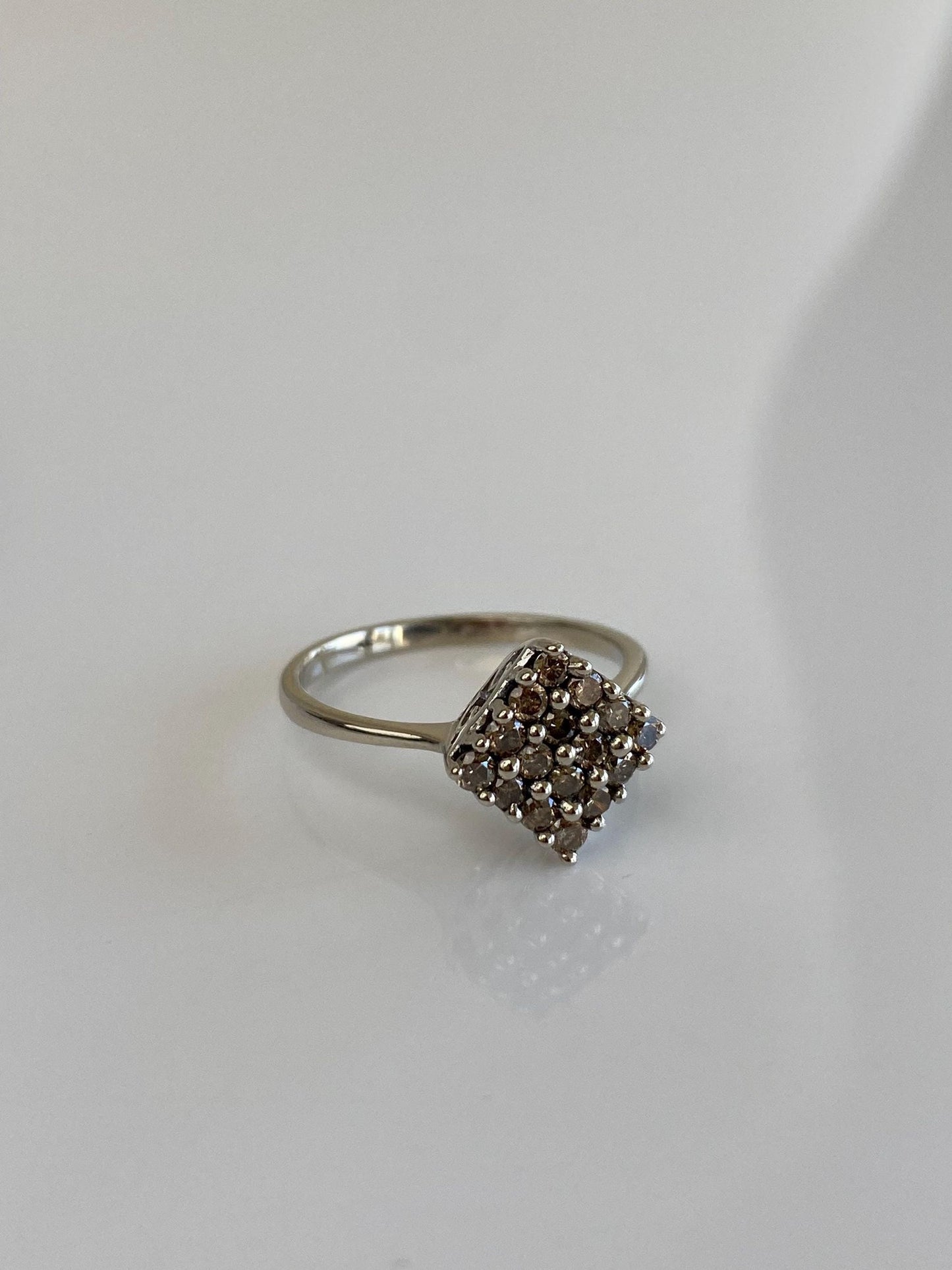 Vintage Solid 10k White Gold Champagne Diamond Square Ring - Size 6.75
