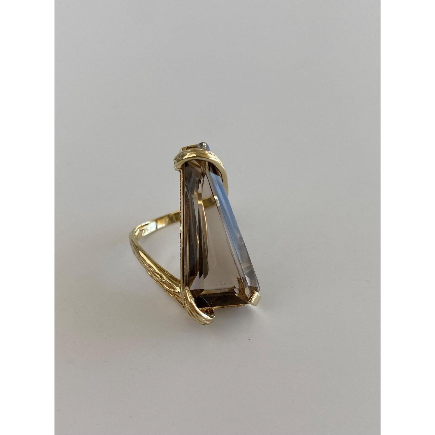 Vintage Solid 14k Yellow Gold Smokey Quartz Triangle Ring - Size 4.5