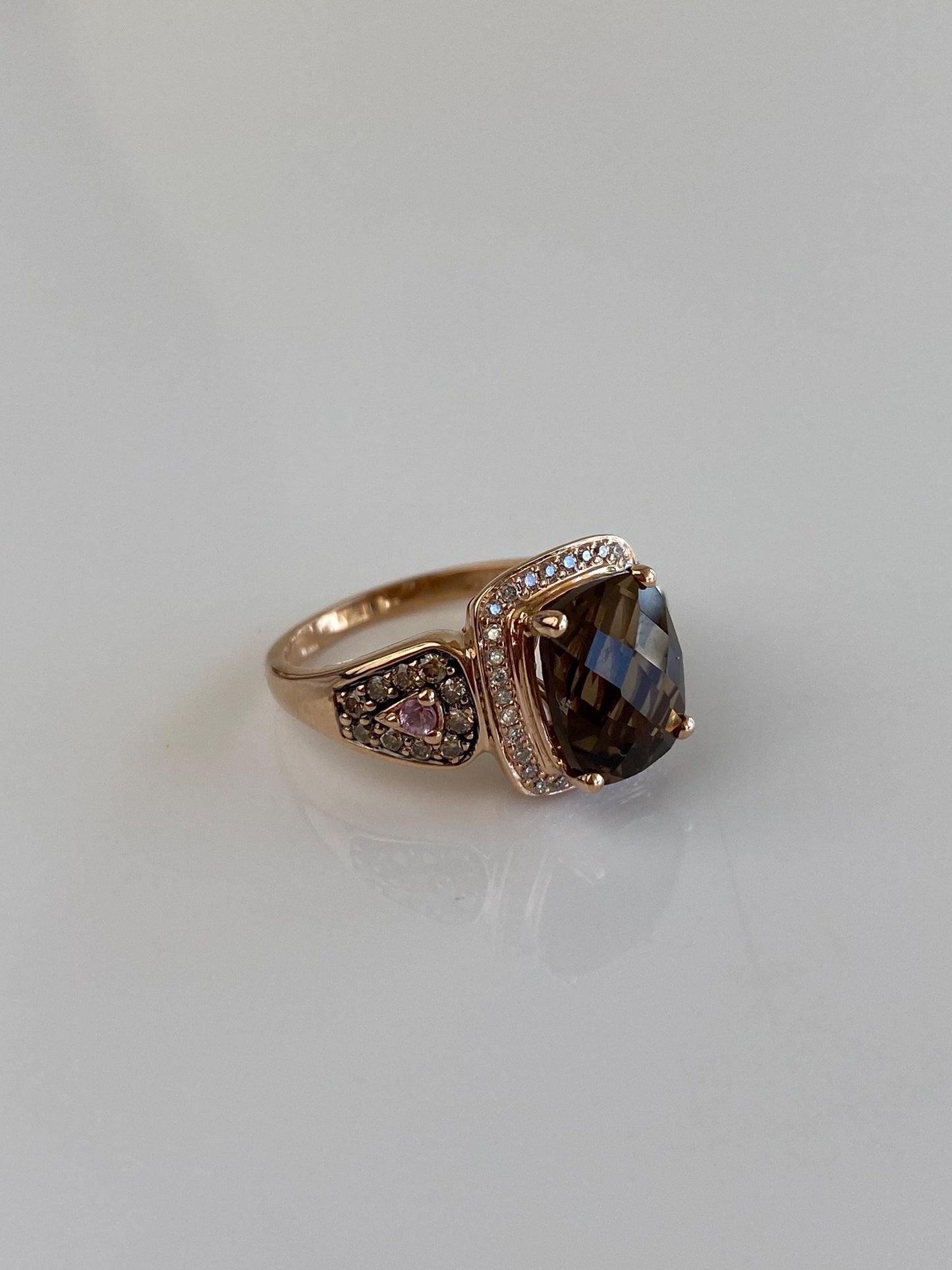 Vintage Solid 14k Rose Gold Diamond Halo Pink Sapphire Faceted Smokey Quartz Ring - Size 6.75