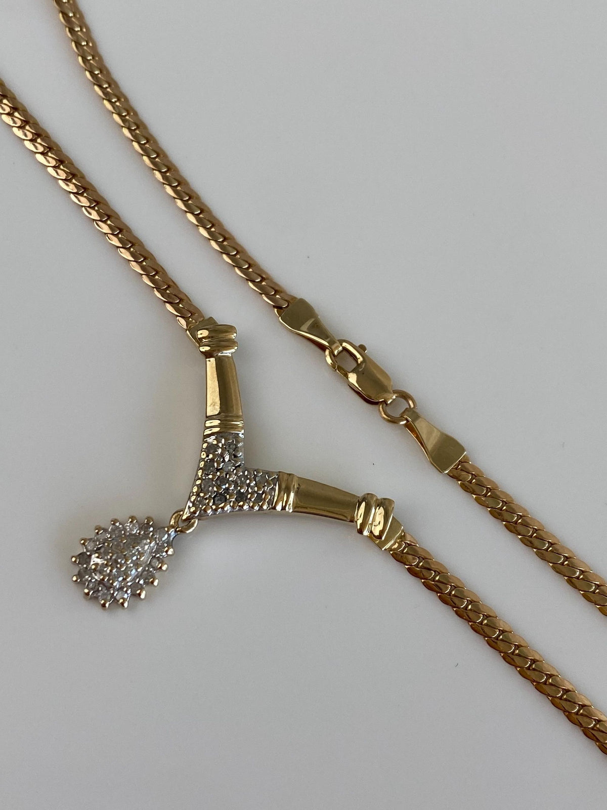 Vintage Solid 14k White & Yellow Gold Diamond Flat Chain Necklace - 17.25 inches
