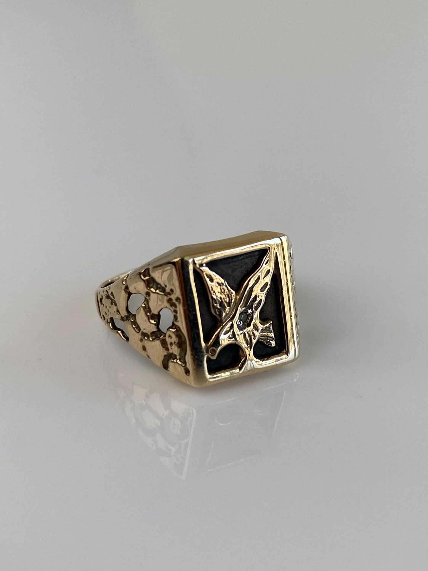 Vintage Solid 10k Yellow Gold Clear Sapphire Eagle Signet Ring - Size 10