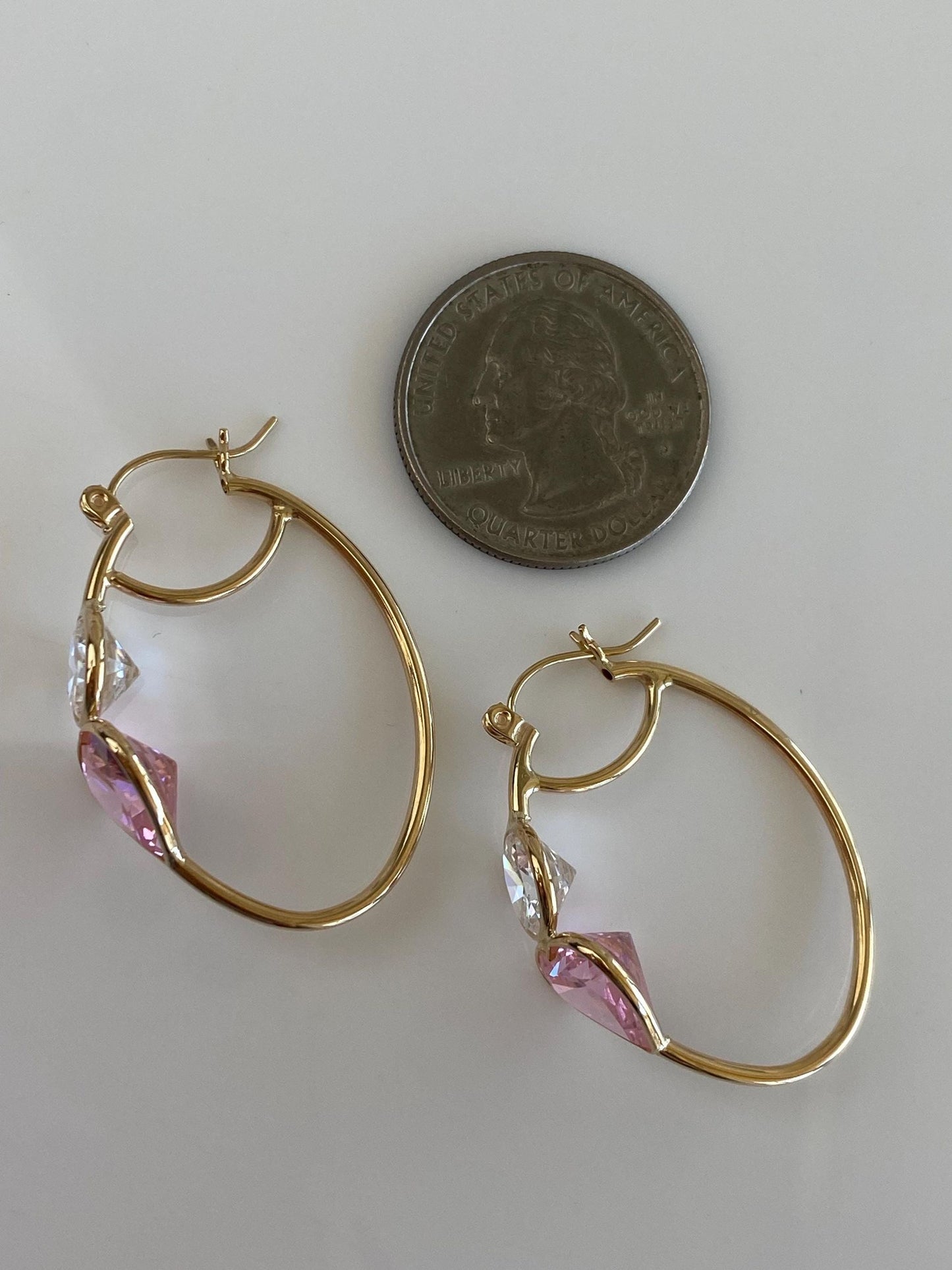 Vintage 14k Yellow Gold Pink & Clear Cubic Zirconia Heart Oval Hoop Earrings
