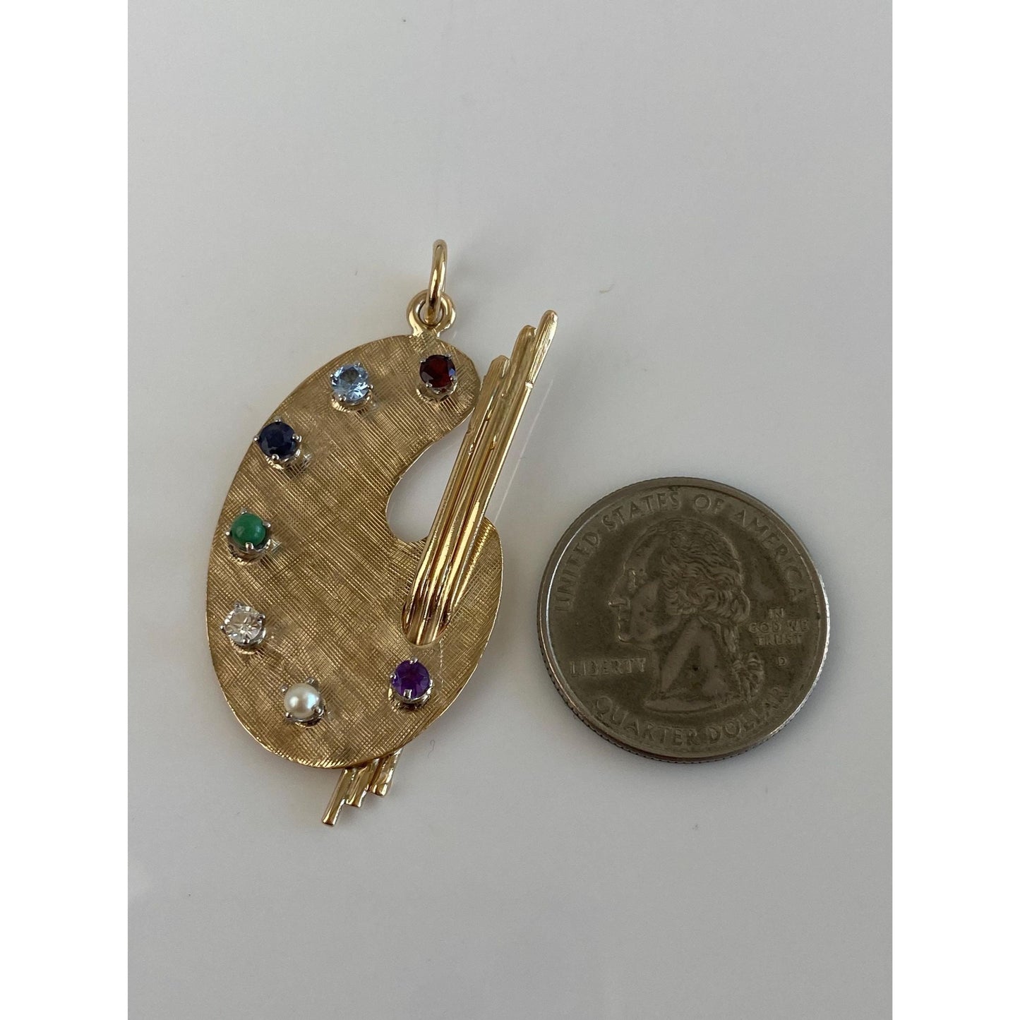 Solid 14k Yellow Gold Garnet Aquamarine Blue Spinel Turquoise Clear Quartz Pearl Artist Pallet Charm