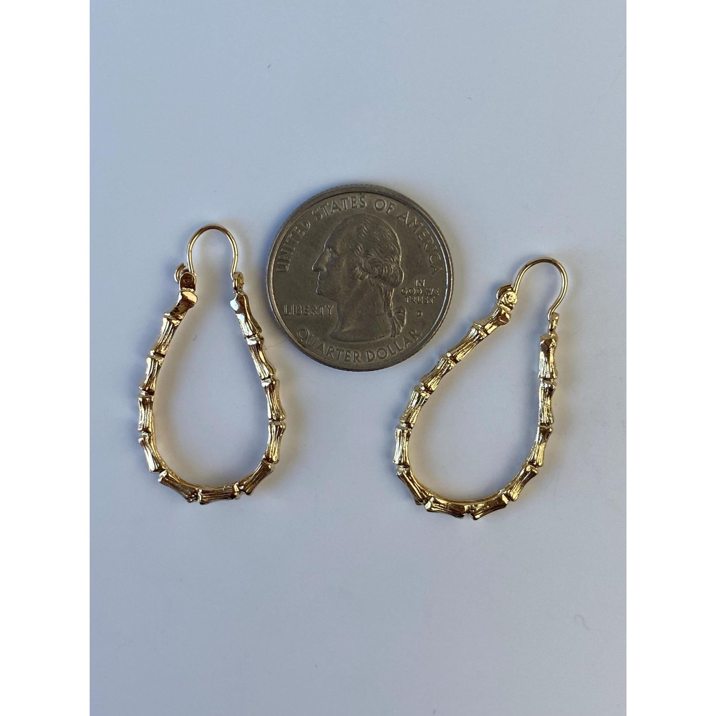 Vintage Solid 14k Yellow Gold Bamboo Teardrop Hoop Earrings