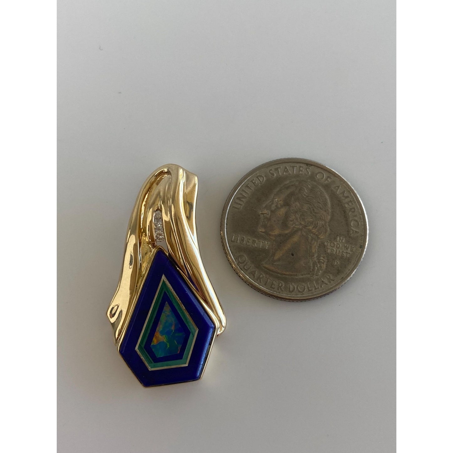 Solid 14k Yellow Gold Diamond Opal Lapis Inlay Slide Charm