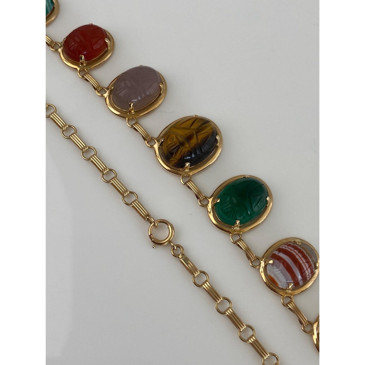 Solid 14k Yellow Gold Tigers Eye Carnelian Green Chalcedony Agate Rhodolite Bloodstone Citrine Scarab Link Chain Necklace - 16 inches