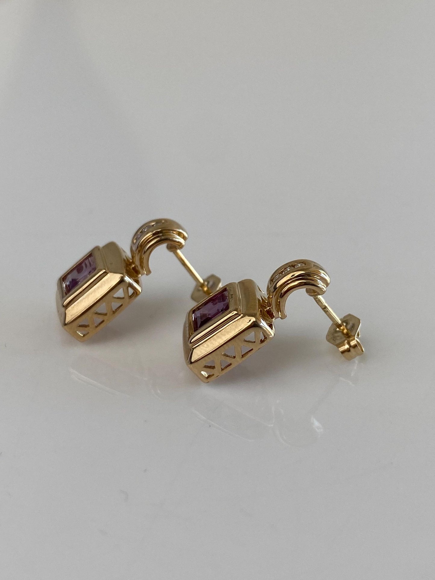 Vintage Solid 14k Yellow Gold Diamond Pink Sapphire Drop Earrings