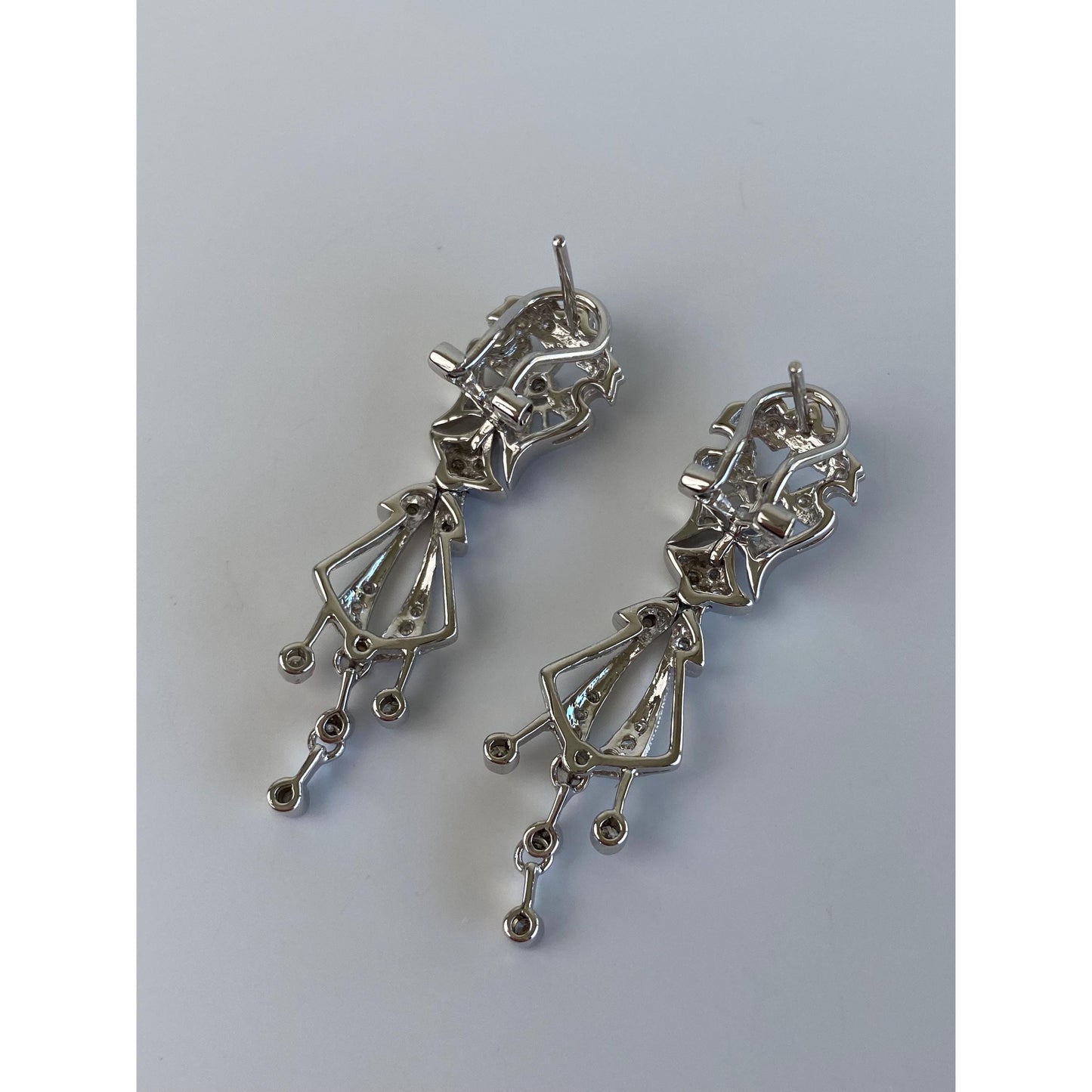 Solid 14k White Gold Diamond Art Deco Dangle Stud Earrings