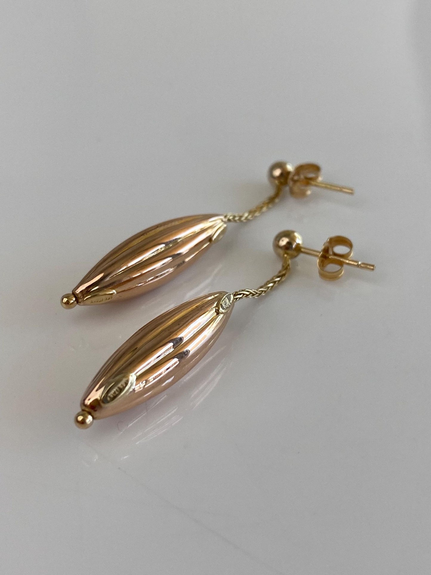 Vintage 14k Rose & Yellow Gold Textured Bead Wheat Chain Dangle Stud Earrings