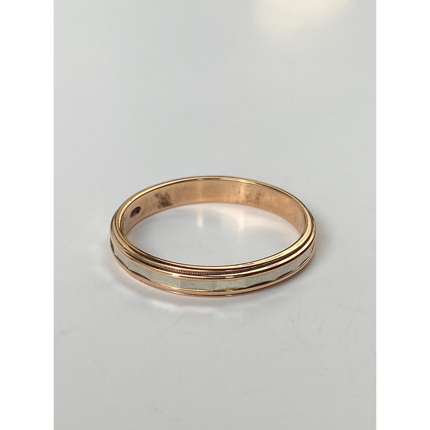 Vintage Solid 14k White & Yellow Gold Faceted Milgrain Ring Band - Size 10.5