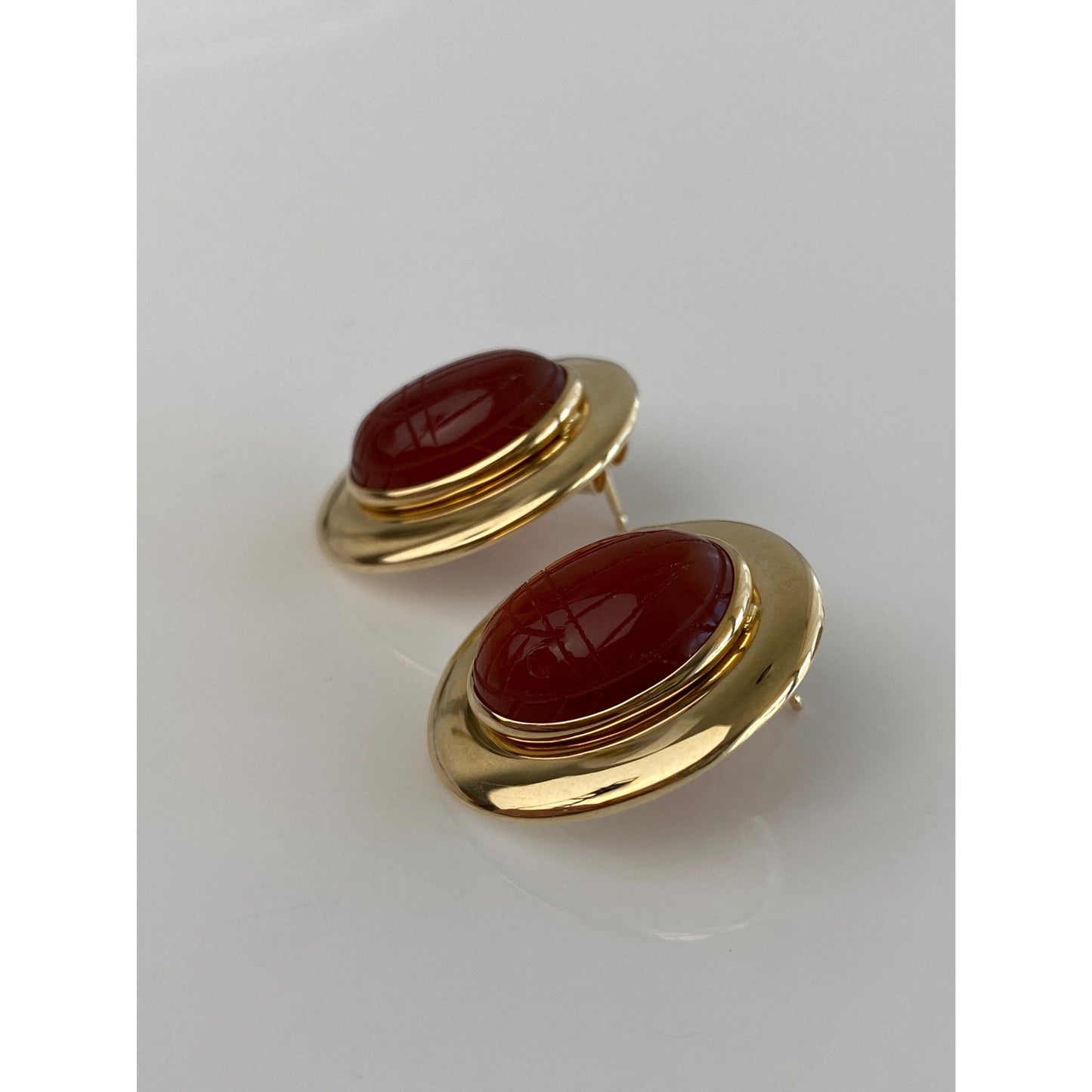 Vintage 14k Yellow Gold Carved Carnelian Scarab Stud Earrings