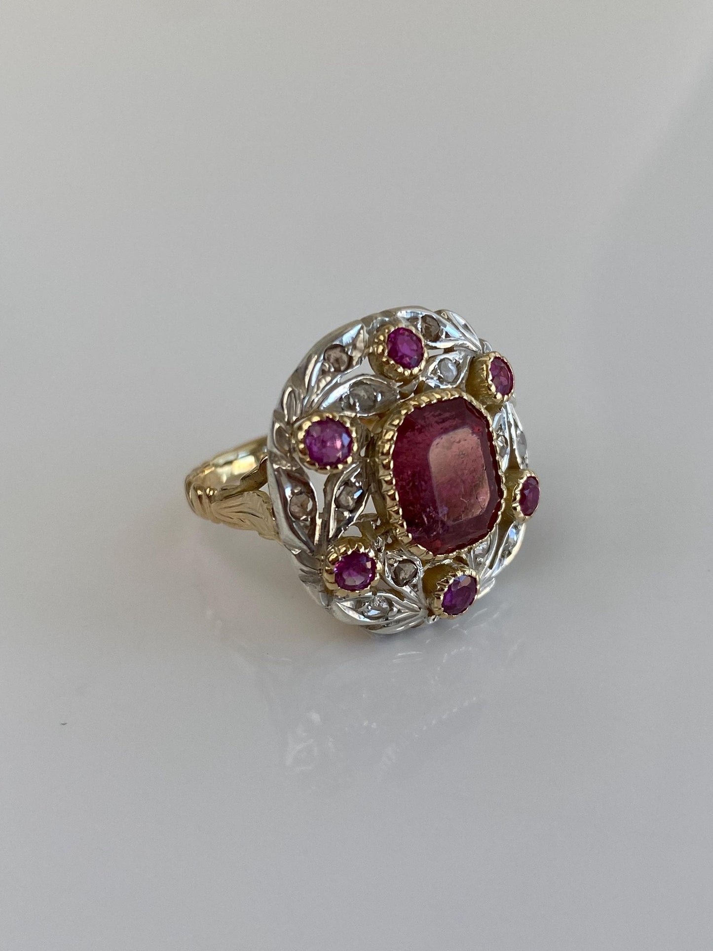 Vintage Solid 14k White & Yellow Gold Old Mine Diamonds Pink Tourmaline Ring - Size 6.75