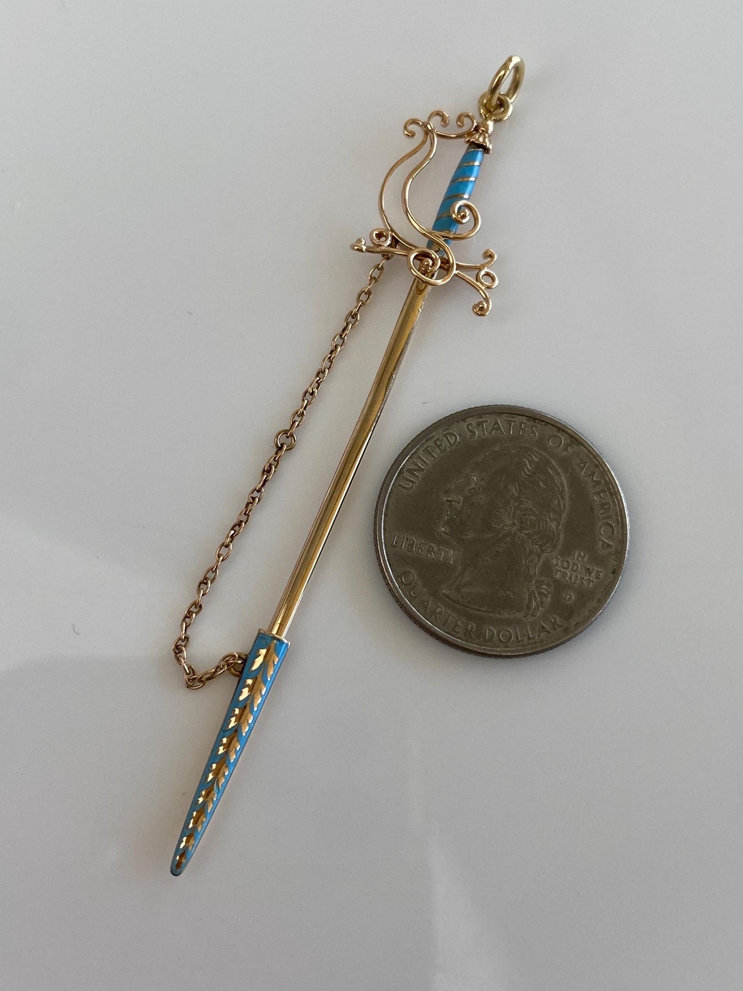 Vintage Solid 14k Yellow Gold Blue Enamel Sword Charm