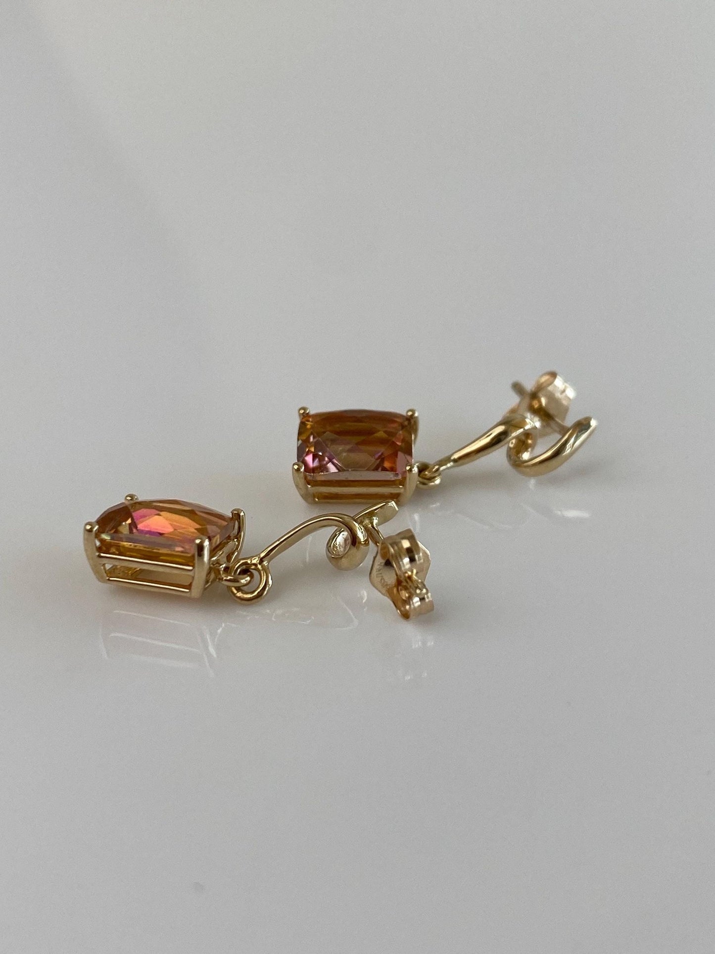 Vintage Solid 14k Yellow Gold Pink Orange Mystic Topaz Dangle Stud Earrings