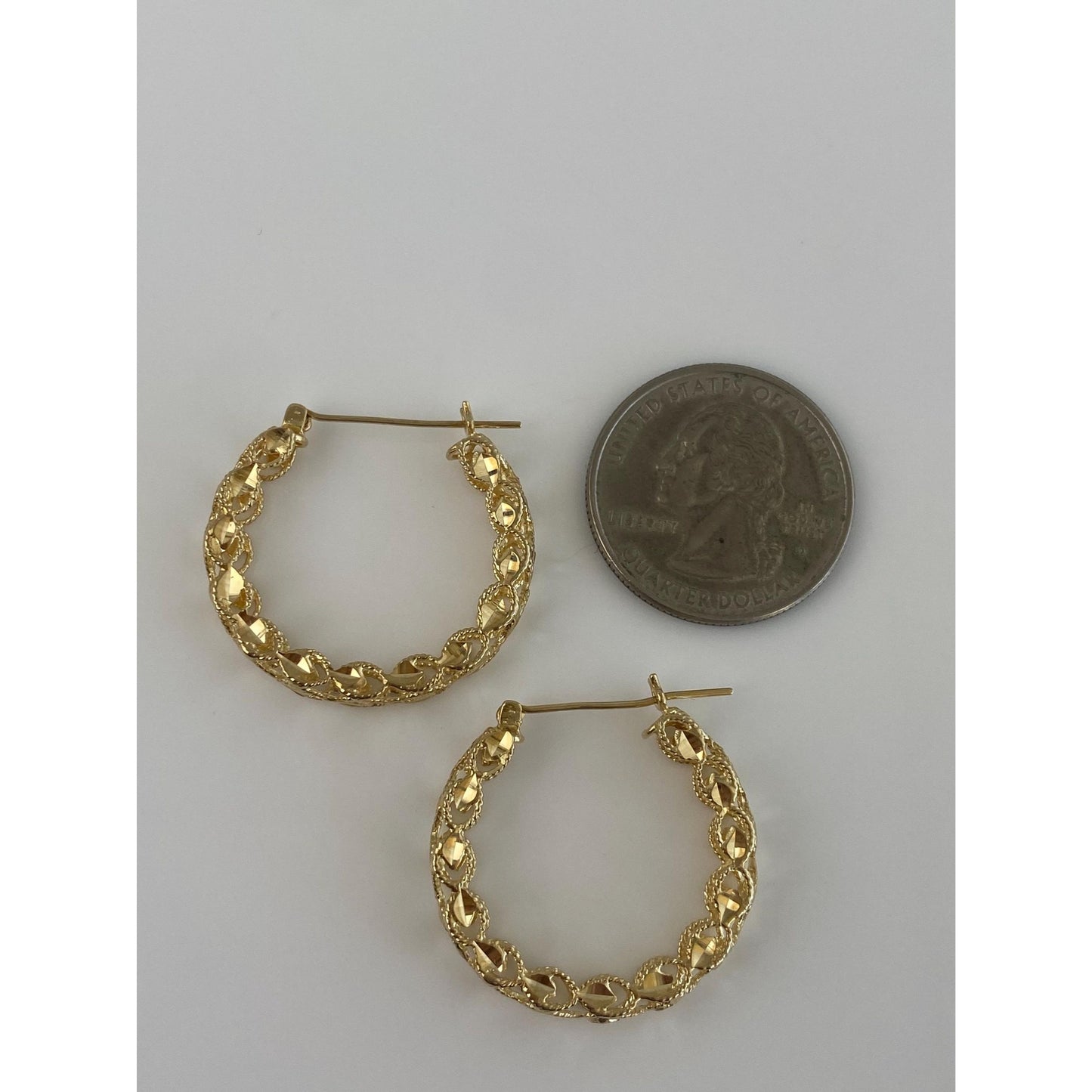 Vintage Solid 14k Yellow Gold Diamond Cut Open Work Hoop Earrings