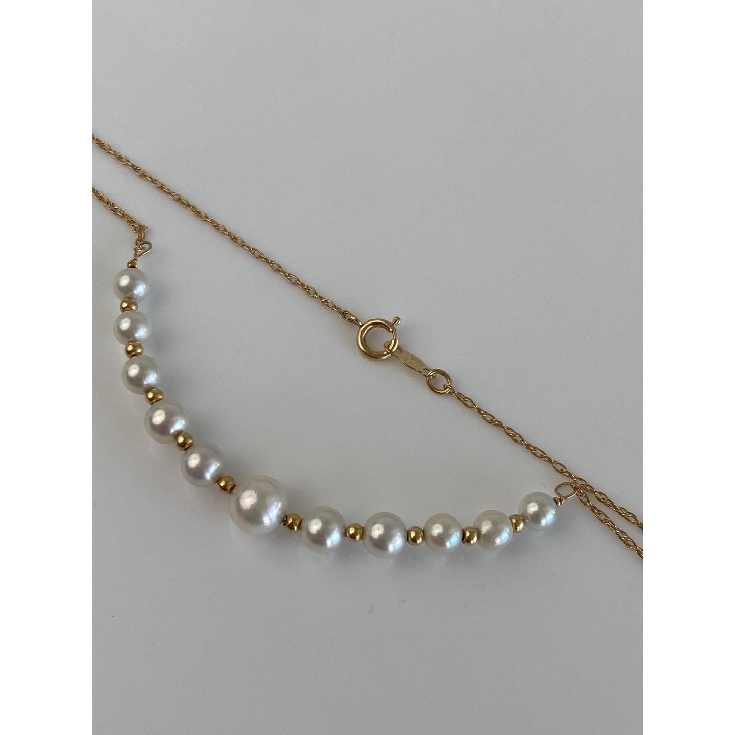Vintage Solid 14k Yellow Gold Pearls Gold Ball Dainty Chain Necklace - 15.5 inches