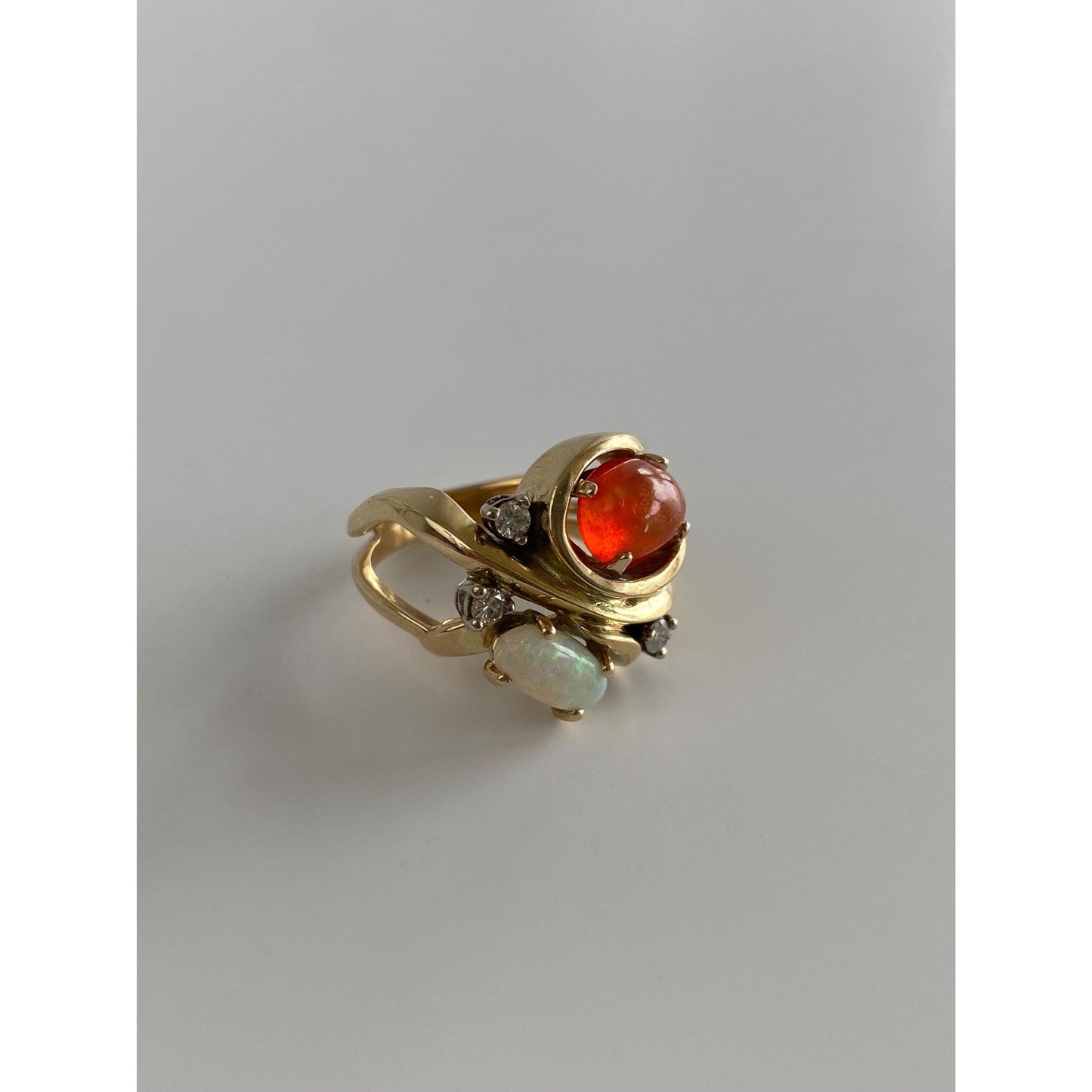 Vintage Solid 14k Yellow Gold Diamond Fire Opal Opal Ring - Size 5.75-6