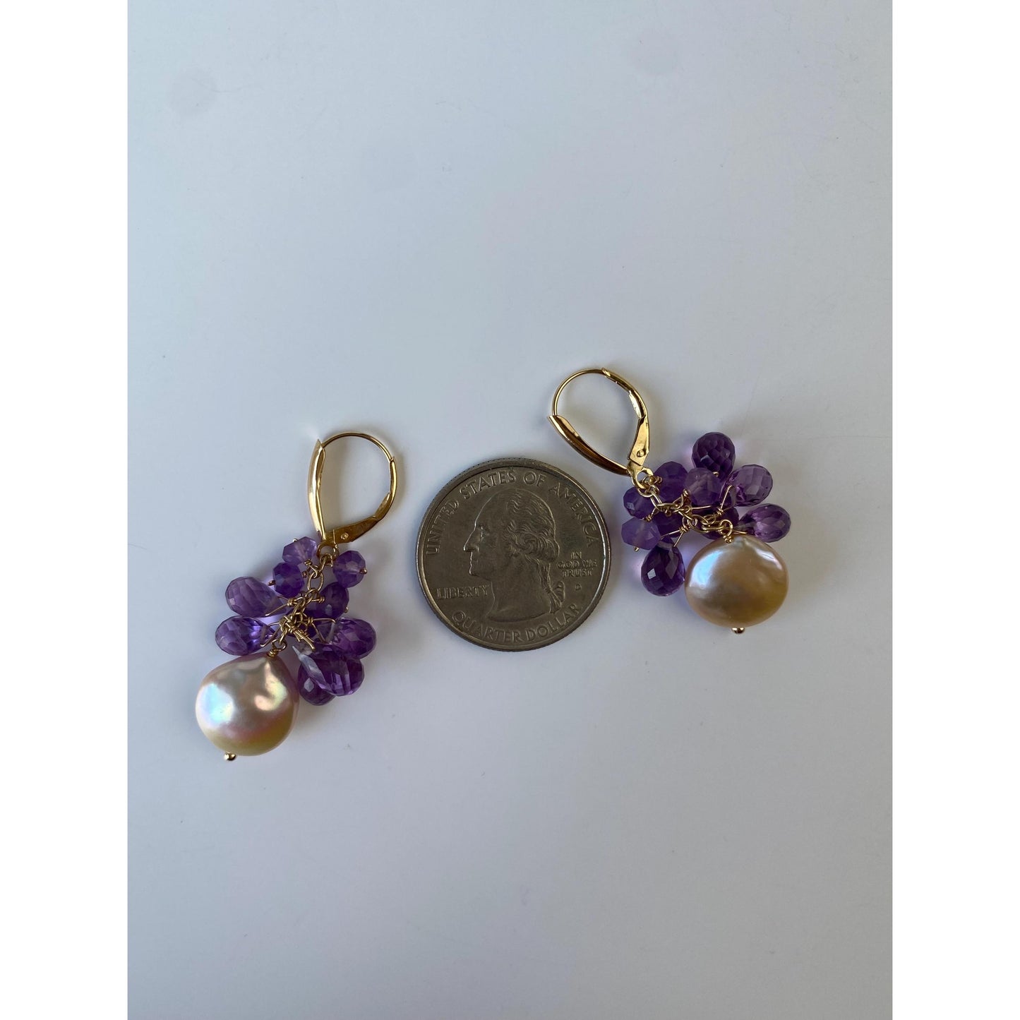 Vintage Solid 14k Yellow Gold Amethyst & Pearl Bead Dangle Earrings