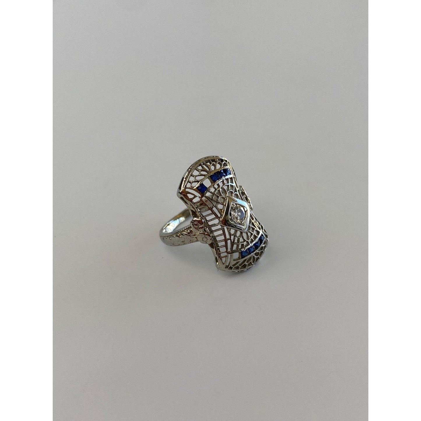 Vintage Solid 18k White Gold Diamond Blue Spinel Art Deco Ring - Size 1