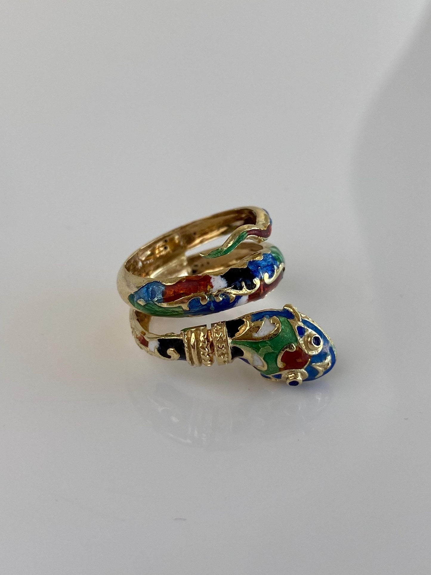 Vintage Solid 14k Yellow Gold Enamel Snake Wrap Ring - Size 6