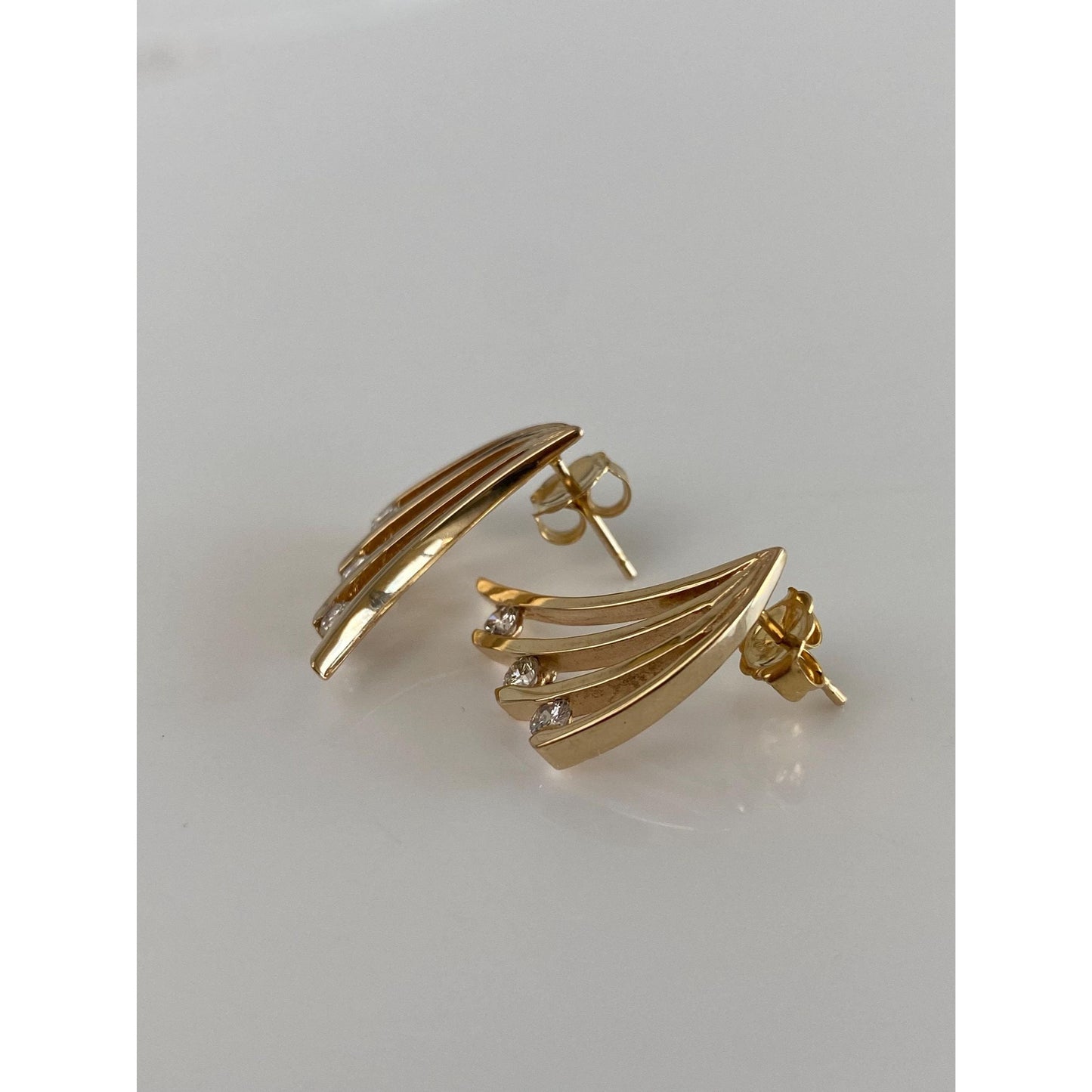 Vintage Solid 14k Yellow Gold Diamond Fan Stud Earrings