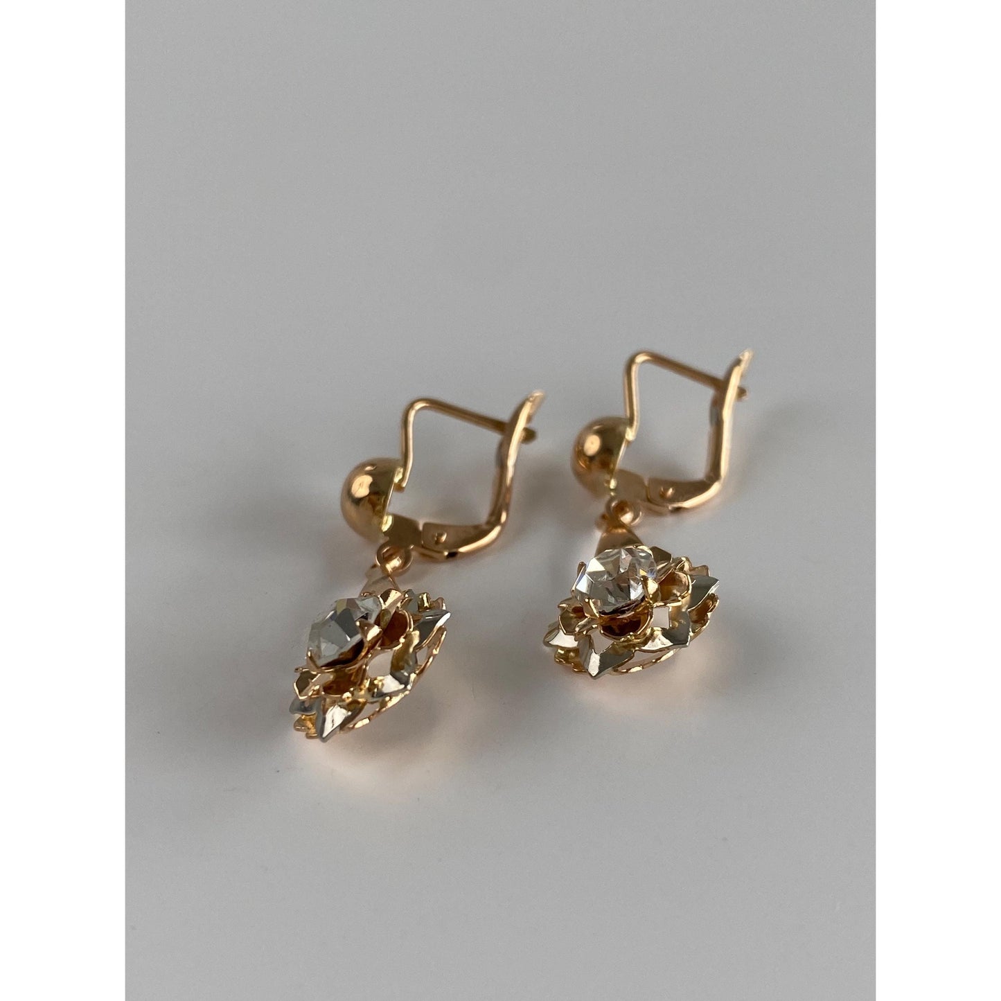 Solid 18k Rosey Gold Cubic Zirconia Flower Dangle Earrings